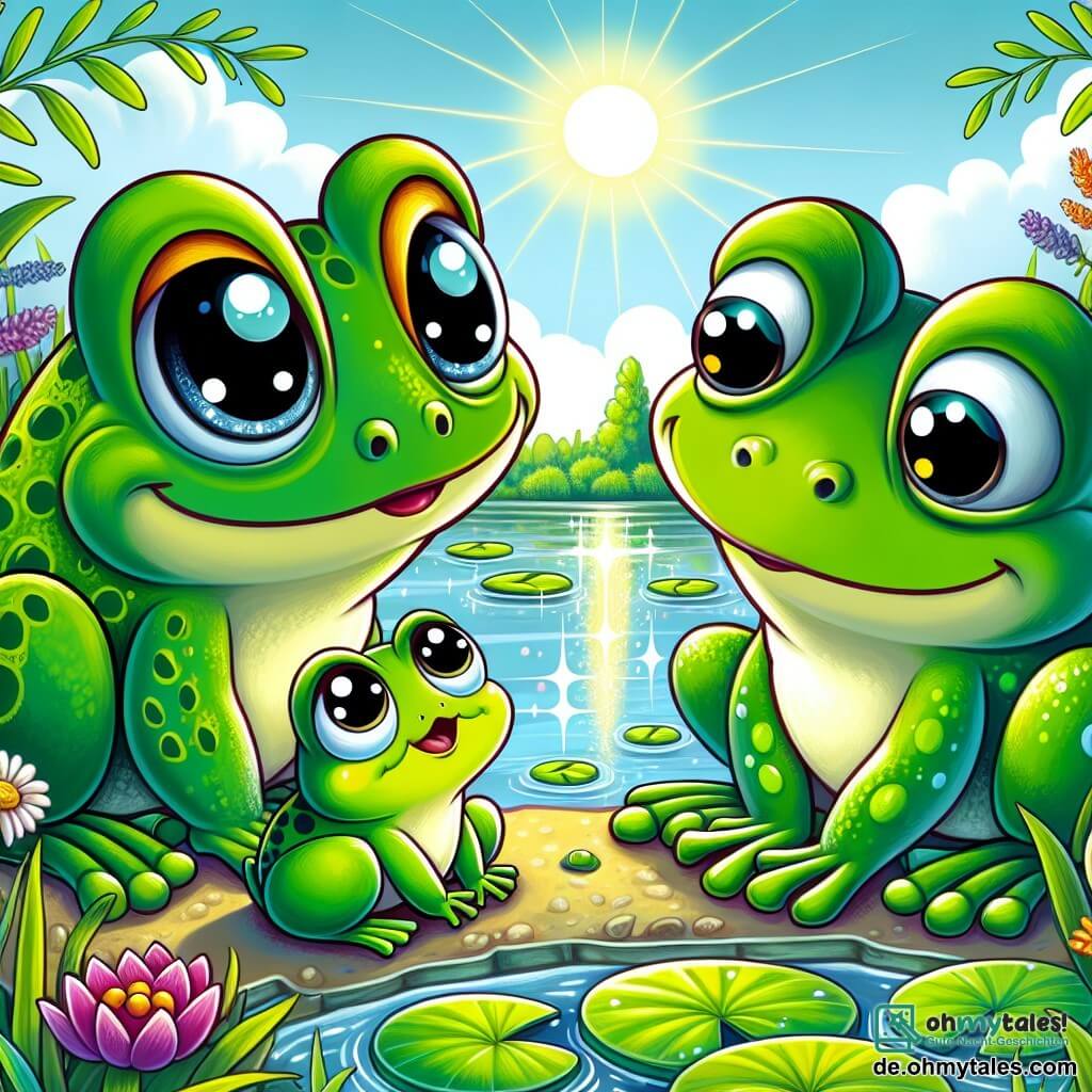 Ein kleiner grüner Frosch mit großen, runden und glänzenden Augen steht am Rand eines Teiches, entschlossen und ein wenig besorgt. Er trägt ein leichtes Lächeln und ist bereit, mit seinen Eltern zu sprechen. Neben ihm schaut eine Mutterfrosch mit leuchtend grüner Haut und gelben Flecken ihren Sohn sanft und aufmerksam an, während ein größerer Vaterfrosch mit dunklerem Grün und zusammengezogenen Augenbrauen besorgt, aber bereit zuzuhören, wirkt. Der Ort ist ein sonniger Teich, umgeben von hohen grünen Gräsern und bunten Blumen, mit schwimmenden Seerosen und glitzernden Reflexionen auf dem Wasser. Die Hauptsituation zeigt den kleinen Frosch, der das Wort ergreift, umgeben von seinen Eltern, in einem Moment des Teilens und des Verständnisses, während sie sich darauf vorbereiten, über ihre Gefühle zu sprechen und ihre Probleme gemeinsam zu lösen.