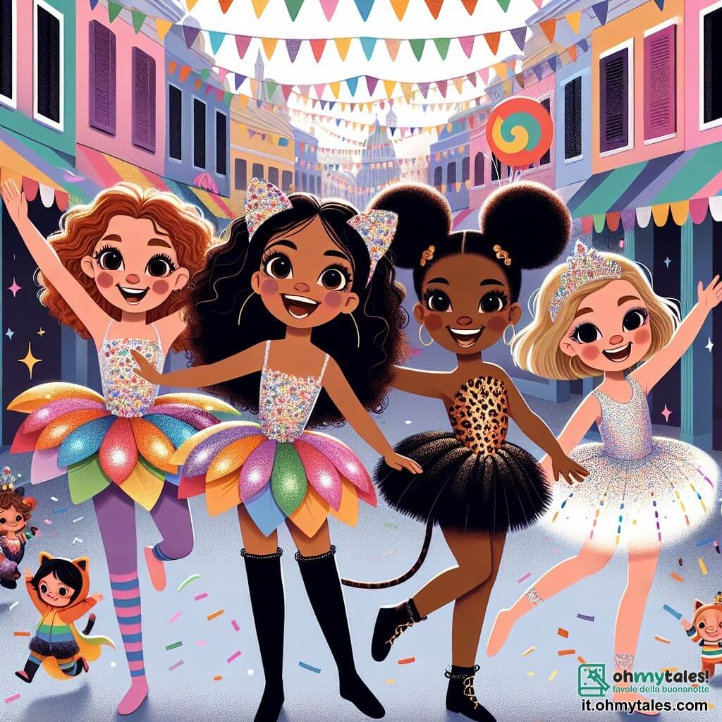 Quattro amiche, tutte ragazze di circa 10 anni, si trovano al centro della scena, raggiante di gioia. Sofia, con i capelli ricci color caramello, indossa un costume di fiore colorato, con petali in tessuto che brillano al sole. Alla sua destra, Giulia, con i capelli lisci e neri, è travestita da gatto con orecchie a punta e una coda di feltro, ridendo mentre tiene un pallone. A sinistra, Marta, sportiva con i capelli corti e biondi, è vestita da pantera, con macchie nere su un costume di velluto, mimando un salto agile. Infine, Clara, la più timida, ha i capelli castani e indossa un costume da fata scintillante, con ali trasparenti che brillano sotto la luce. Loro si trovano nella vivace piazza di Coloropoli, piena di colori vivaci e decorazioni di carnevale: bandierine multicolori sventolano nel vento, stand di dolci offrono prelibatezze e bambini travestiti ballano allegramente intorno a loro. La scena principale mostra le quattro amiche, unite e felici, pronte a posare insieme per una foto, con sorrisi brillanti, mentre si preparano a partecipare al concorso di costumi, circondate da una folla entusiasta che applaude e ammira la loro creatività.