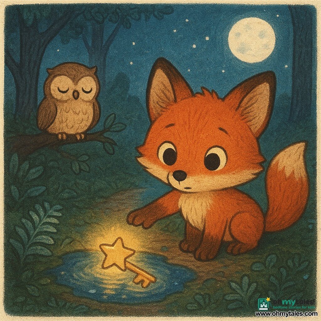 A small ginger fox with pointed ears and slightly tousled fur looks at the camera with wide curious eyes and a shy-but-brave expression, reaching a paw toward a shiny puddle that reflects the moon and holds a metallic star-shaped key glowing with a warm yellow halo; a sleepy fluffy-eyed owl perches on a low branch to the left, dark green moss and wet leaves cover the ground with droplets on silver ferns, and the gentle night—deep blue sky, round moon, and a damp dirt path winding between rain-sculpted tree trunks—creates a calm, magical scene of the fox discovering the star key under the moon, a cozy hygge adventure in warm colors on a cool background with simple rounded shapes suited for toddlers.