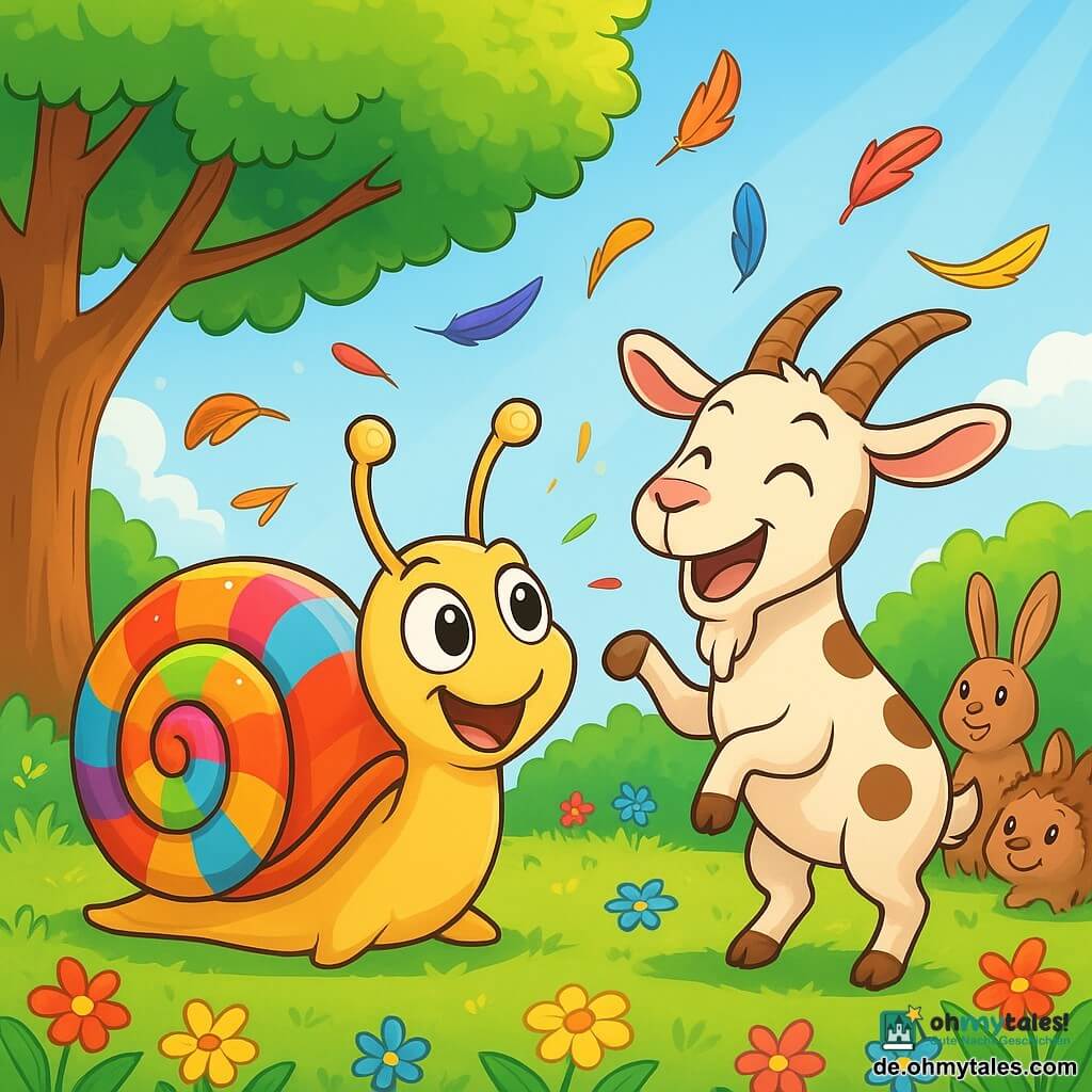 Ein kleiner Schnecke namens Hugo, mit einer glänzenden und bunten Schale, steht im Mittelpunkt der Szene und zeigt einen fröhlichen und schelmischen Gesichtsausdruck. Seine großen, funkelnden Augen und seine wackelnden Antennen zeigen seine Aufregung. Neben ihm steht eine lustige Ziege namens Frieda, mit weißem Fell und braunen Flecken, die auf ihren Hinterbeinen steht, lacht und Hugo wohlwollend ansieht. Im Hintergrund schaffen ein großer Baum mit leuchtend grünen Blättern und ein hellblauer Himmel eine fröhliche Atmosphäre. Die Szene spielt auf einer schönen Lichtung, die mit bunten Blumen und Sonnenstrahlen, die durch die Äste filtern, übersät ist. Hugo und Frieda bereiten ein großes Fest vor, umgeben von bunten Federn, die in der Luft fliegen, während eine Gruppe neugieriger Tiere sie begeistert beobachtet.