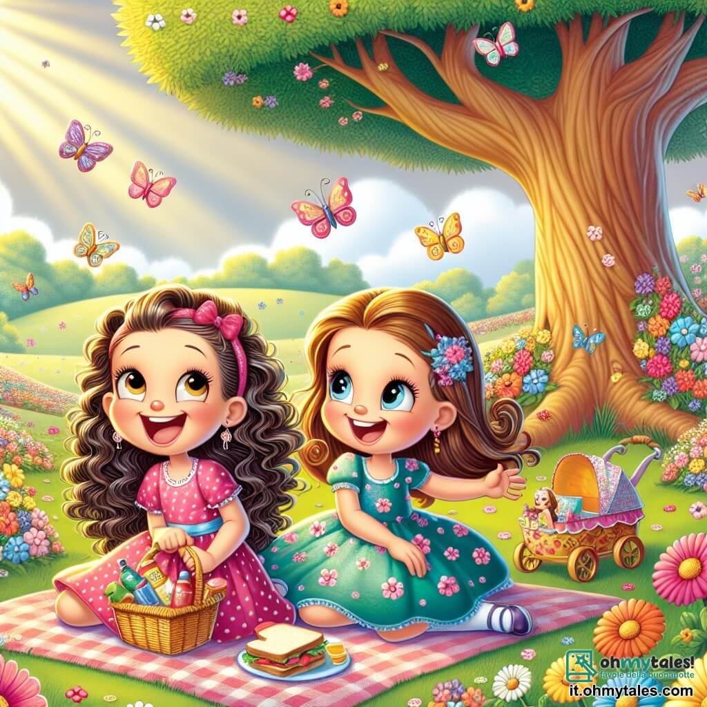 Due bambine felici, Mia e Sara, sono al centro dell'immagine. Mia, di 7 anni, ha lunghi capelli ricci e un grande sorriso. Indossa un vestito rosa a pois bianchi e tiene una piccola scatola da picnic. Sara, anch'essa di 7 anni, ha capelli lisci e lucenti raccolti in due codini. È in una bella carrozzina colorata, vestita con un abito blu con fiori. Lo sfondo è un parco soleggiato, con un vasto prato verde punteggiato di fiori colorati. Un grande albero maestoso si erge sullo sfondo, offrendo ombra e rami carichi di foglie. Farfalle colorate volano intorno a loro, aggiungendo un tocco di magia alla scena. Le due amiche sono sedute su una coperta da picnic, condividendo panini e succhi di frutta, ridendo e raccontandosi storie. L'atmosfera è gioiosa e piena di vita, simboleggiando l'amicizia e i momenti preziosi trascorsi insieme.