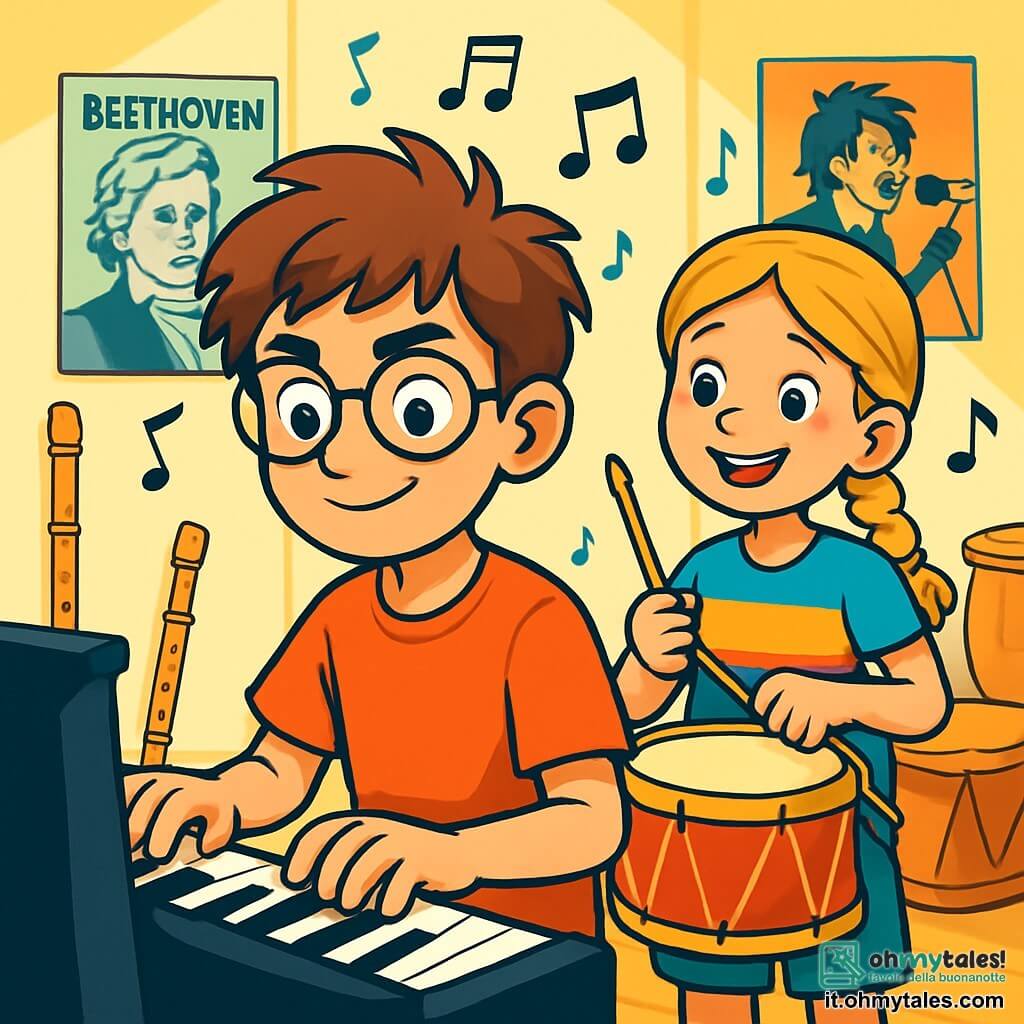 Un ragazzo di 12 anni, con i capelli castani in disordine e occhiali rotondi, è davanti a un pianoforte, con un'espressione concentrata e determinata. I suoi occhi brillano di eccitazione e un leggero sorriso compare sul suo volto. Accanto a lui, una ragazza di 11 anni, con i capelli biondi intrecciati e una maglietta colorata, suona un tamburo, con uno sguardo gioioso e incoraggiante. La scena si svolge in un'aula di musica luminosa, decorata con poster di musicisti famosi e note musicali che fluttuano nell'aria. Gli strumenti, come flauti e tamburi, sono sparsi intorno a loro, creando un'atmosfera vibrante e creativa. I due sono in piena prova per un concerto, i loro volti illuminati dalla passione per la musica, unendo i loro talenti per creare armonia e celebrare la diversità delle loro competenze.