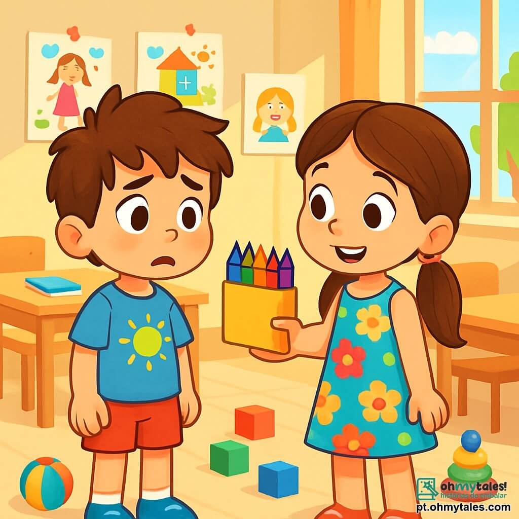 Um menino de 6 anos, Lucas, com grandes olhos curiosos e cabelo castanho bagunçado, está no meio de uma sala de aula iluminada. Seu rosto expressa uma leve preocupação, com as sobrancelhas franzidas e a boca ligeiramente aberta, como se hesitasse em falar. Ele usa uma camiseta azul com um desenho de sol e um short vermelho. Ao lado dele, uma menina de 6 anos, Sofia, com cabelo longo e liso preso em duas tranças, sorri calorosamente. Ela veste um vestido florido e segura uma caixa de lápis de cor, pronta para desenhar, encorajando Lucas a se juntar a ela. A sala de aula é decorada com desenhos de crianças nas paredes, com janelas que deixam entrar a luz do sol, iluminando as mesas de madeira clara. Brinquedos coloridos estão espalhados pelo chão, criando uma atmosfera alegre e acolhedora. A cena principal mostra Lucas, hesitante mas curioso, olhando os lápis de cor que Sofia lhe oferece, pronto para superar seu medo e embarcar em uma nova aventura criativa.