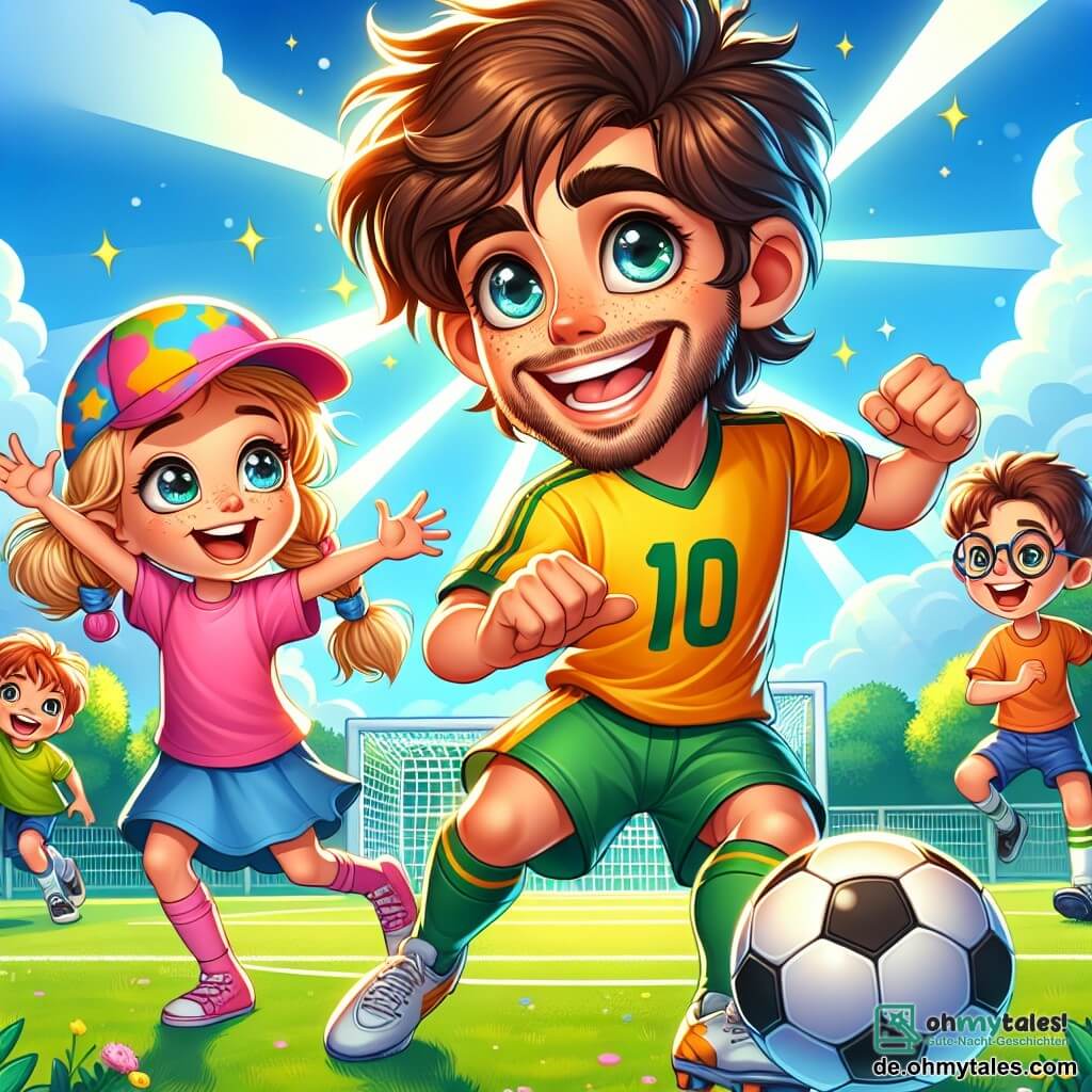 Ein Mann, Max, steht im Mittelpunkt des Bildes, strahlend vor Freude und Entschlossenheit. Er hat zerzauste braune Haare, funkelnde blaue Augen und trägt ein gelbes Fußballtrikot mit der Nummer 10. Er dribbelt geschickt einen Fußball und zeigt mit einem breiten Lächeln seine Leidenschaft für das Spiel. Rechts von ihm applaudiert ein 8-jähriges Mädchen mit geflochtenen blonden Haaren und einer bunten Kappe begeistert. Sie trägt ein pinkes T-Shirt und eine blaue Shorts und ist bereit zu spielen, ihre Augen leuchten vor Aufregung. Links schaut ein 9-jähriger Junge mit Brille und braunen Haaren bewundernd zu Max, während er einen Ball unter dem Arm hält. Er trägt ein grünes Trikot und scheint ungeduldig darauf zu warten, am Spiel teilzunehmen. Der Hintergrund zeigt einen schönen grünen Schulrasen, umgeben von blühenden Bäumen und einem klaren blauen Himmel. Sonnenstrahlen erhellen die Szene und schaffen eine fröhliche, dynamische Atmosphäre. Die Hauptsituation zeigt Max, der den Kindern Dribblings beibringt, während sie Spaß haben und lernen. Die Kinder lachen und feuern sich gegenseitig an, was eine Atmosphäre von Kameradschaft und Freude rund um den Fußball schafft.