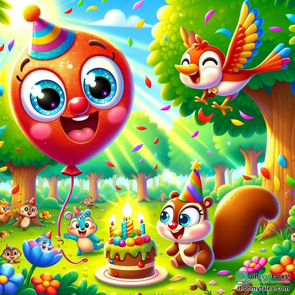 Un piccolo palloncino rosso, di nome Pallo, è al centro dell'immagine, che fluttua gioiosamente nell'aria con un grande sorriso sul viso rotondo e brillante. I suoi occhi brillano di eccitazione mentre indossa un magnifico cappello magico colorato, pieno di stelle scintillanti. Accanto a lui, un piccolo uccellino blu di nome Tito, con un piumaggio splendente e un becco lucido, vola in cerchio attorno a Pallo, mostrando un'espressione gioiosa ed entusiasta. Un piccolo scoiattolo marrone, di nome Nocci, è seduto su un ramo d'albero, tenendo una deliziosa torta fatta di ghiande e miele. Il paesaggio è un grande parco verde, pieno di alberi alti, fiori colorati e raggi di sole che filtrano tra le foglie. La scena principale mostra Pallo, Tito e Nocci mentre celebrano il compleanno di Pallo, circondati da coriandoli colorati, in un'atmosfera gioiosa e piena di risate, dove amicizia e magia si incontrano.