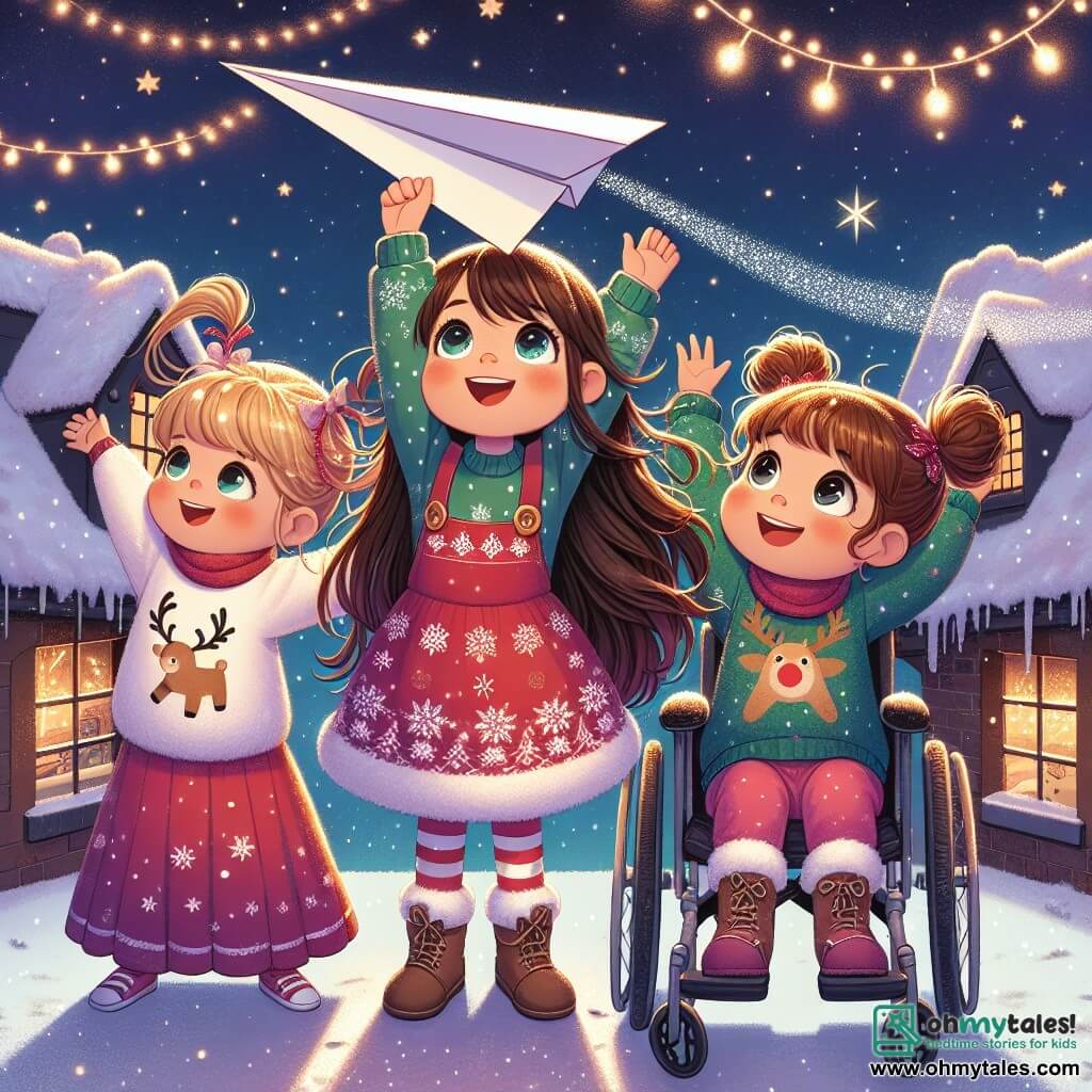 In a magical Christmas scene, three little girls are gathered on the roof of an orphanage. Lily, an 8-year-old with long brown hair and sparkling eyes, holds a large paper airplane, ready to launch it into the starry sky. She wears a red dress with snowflake patterns. Mia, a 7-year-old with curly blonde hair, sits in her wheelchair, smiling enthusiastically in a green sweater with a reindeer on it. Zoe, a 6-year-old with brown hair in pigtails, stands next to Lily with her arms raised, as if encouraging the plane to fly. She wears a sparkling blue dress. The roof is covered in thick snow, and twinkling lights create a warm atmosphere. In the background, the sky is filled with bright stars, and a shooting star adds a touch of magic to the scene. The three friends are about to launch their paper airplane, which carries a letter to Santa Claus, symbolizing their beautiful Christmas adventure and their desire to bring joy to another child.