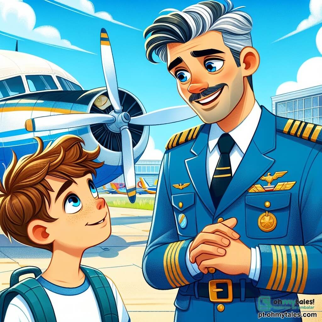 Um piloto chamado Carlos está ao lado de seu grande avião, vestido com um uniforme azul brilhante e ombreiras douradas. Ele tem cabelos grisalhos, um sorriso caloroso e olhos brilhantes de paixão, enquanto conta histórias de voo para um garoto. O garoto, Lucas, tem cerca de 8 anos, com cabelos castanhos bagunçados e olhos brilhantes de curiosidade. Ele está ao lado de Carlos, com as mãos na cintura, ouvindo atentamente e com um sorriso maravilhado no rosto. A cena acontece em um tarmac de aeroporto ensolarado, cercado por grandes hangares e outros aviões coloridos. O céu é de um azul intenso, com algumas nuvens brancas fofas. Carlos compartilha histórias fascinantes de suas aventuras no ar, enquanto Lucas, cativado, sonha em se tornar piloto um dia.