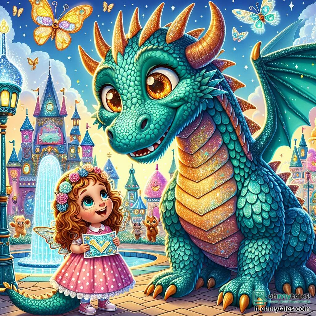 Un drago maestoso, con squame verde smeraldo scintillanti, si trova al centro della scena, con occhi dorati brillanti di gioia e un ampio sorriso che rivela i suoi piccoli denti bianchi. Batte delicatamente le ali, creando una leggera brezza, mentre guarda una bambina con ammirazione. La bambina, Stella, di 8 anni, ha capelli ricci color caramello e occhi brillanti di curiosità. Indossa un vestito rosa a pois e tiene una mappa magica tra le mani, con gli occhi spalancati per lo stupore. Si trova accanto al drago, pronta a esplorare il mondo magico. Lo sfondo è una piazza incantata, piena di case di zucchero filato, lampioni in cristallo colorato e creature fantastiche che danzano intorno a loro. Farfalle giganti volano nel cielo blu, mentre una fontana ridente spruzza acqua scintillante sullo sfondo. La scena principale mostra Stella e il drago Fiammetta, pronti a partire per un'avventura, circondati da magia e risate, con lampi di luce e colori vivaci che illuminano la scena.