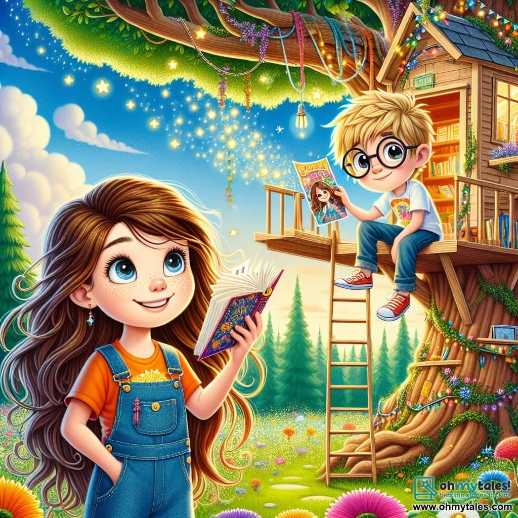 In the center of the image, a 10-year-old girl named Lily, with long brown hair and sparkling curious eyes, stands in her beautiful treehouse. She wears a denim overall and a colorful t-shirt, smiling enthusiastically as she holds an open book, its pages swirling around her as if they had come to life. Next to her, a 10-year-old boy named Max, with blonde hair and round glasses, admires her while sitting on a branch, holding a colorful poster with a message about equality, ready to show it to their friends. In the background, there is a lovely view of the lush garden of Willowville, with colorful flowers and a blue sky dotted with white clouds. The treehouse is built in a large oak tree, with ropes and ladders adding a sense of adventure. The main scene shows Lily and Max, surrounded by their friends, passionately discussing ideas about equality, while posters decorated with drawings and inspiring words are hung around them, creating an atmosphere of camaraderie and commitment.