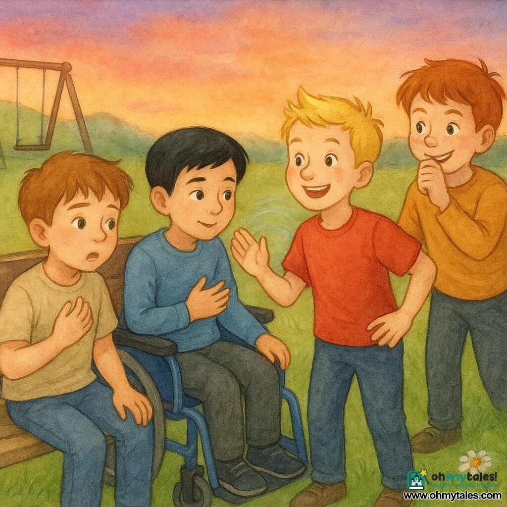 Four boys: 9-year-old Max, round face, tousled light brown hair, attentive eyes, sitting on a worn wooden bench left, coughing slightly and holding his chest but calm; 9-year-old Leo, fair skin, short black hair, in a blue wheelchair beside Max, leaning in with a gentle, encouraging expression while showing breathing rhythm with his hand; 8-year-old Sam, short blond hair, energetic, wearing a red t-shirt, standing in front of the bench with one hand on his hip and the other raised to prompt slow breaths; 9-year-old Charlie, red hair and freckles, mischievous smile, standing behind the bench miming a joke to ease the mood, all in a dusk park with green grass and daisies, a small shining pond to the right, a wooden swing in the background, a gentle grassy hill to the left, and an orange-pink-purple sky; the intimate, reassuring scene shows Max being helped to breathe slowly by his friends, three boys surrounding him, breaths indicated by subtle watercolor air waves, calm expressive faces, warm secure atmosphere.