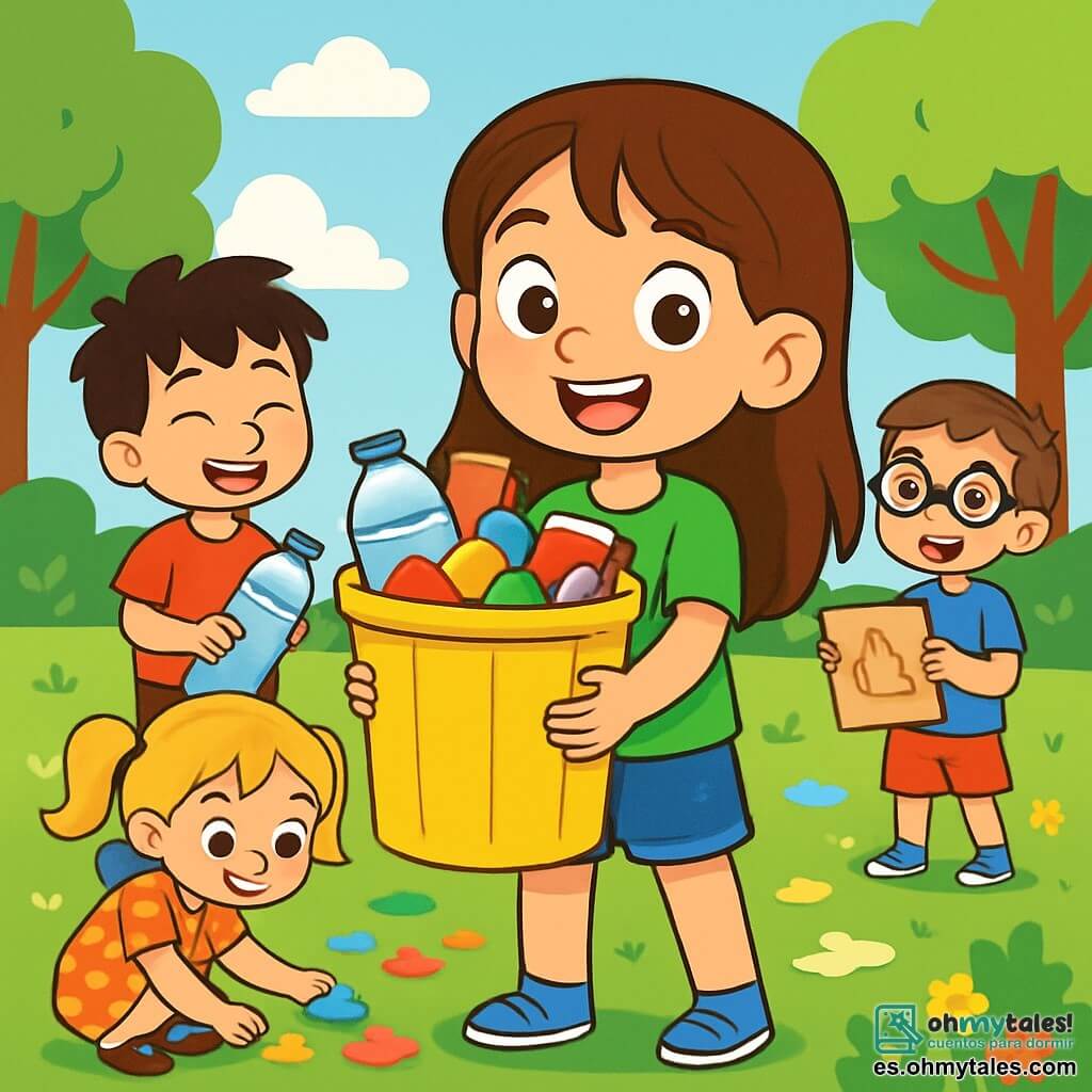 Una niña de 6 años, llamada Sofía, con largos cabellos castaños y ojos llenos de curiosidad, sonríe alegremente mientras sostiene un gran cubo amarillo lleno de desechos coloridos. Lleva una camiseta verde brillante con un dibujo de un árbol y un short de mezclilla, rodeada de sus amigos. Juan, un niño de 7 años con cabello negro desordenado y camiseta roja, está a su lado sosteniendo una gran botella de plástico que acaba de recoger. Ana, una niña de 6 años con trenzas rubias y un vestido de flores, está agachada recogiendo papeles de colores, mientras que Lucas, un niño de 6 años con gafas y camiseta azul, se encuentra un poco más lejos mostrando un cartón reciclado a Sofía. La escena tiene lugar en un parque soleado, con árboles verdes, flores coloridas y un cielo azul claro con nubes blancas. Aunque el suelo está cubierto de basura, los niños trabajan juntos para limpiar el parque, transformándolo en un espacio limpio y acogedor. Sofía y sus amigos muestran sonrisas radiantes, llenas de orgullo y determinación, mientras se comprometen a proteger el medio ambiente.