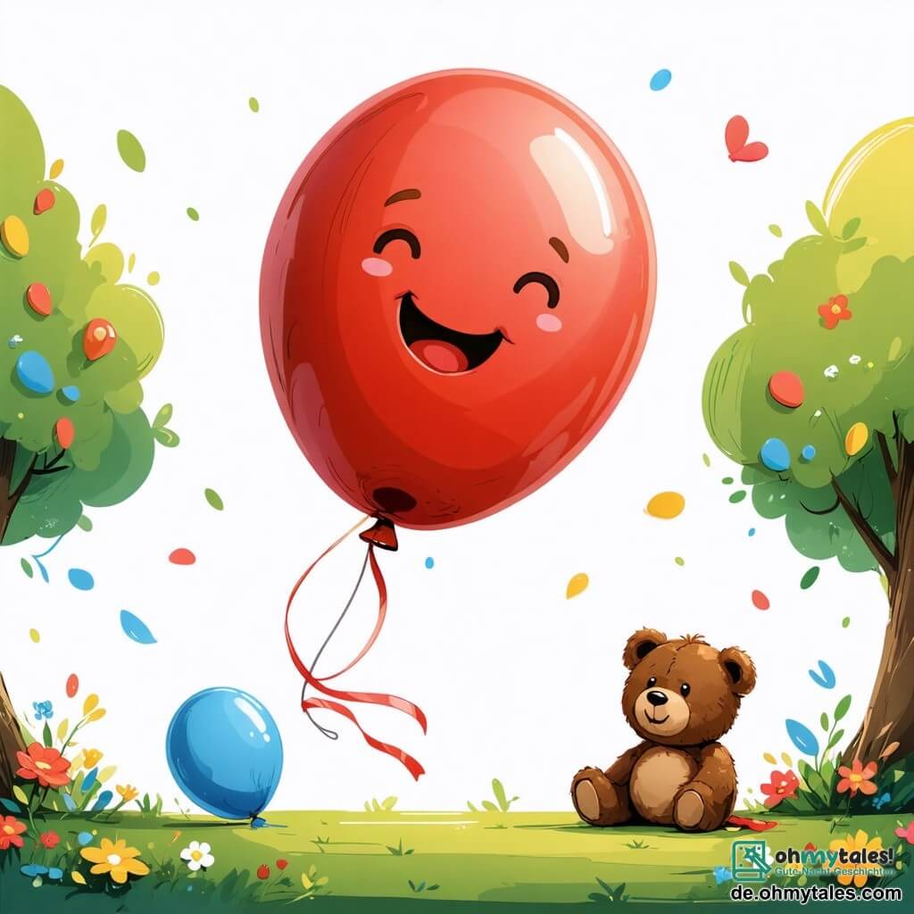 Ein fröhlicher, runder, glänzender roter Ballon mit einem großen Lächeln und funkelnden Augen springt begeistert in der Mitte des Bildes, umgeben von leuchtenden Farben. Er lädt die Kinder zum Spielen ein, seine Schnüre wehen wie Bänder in der Luft. Rechts von ihm sitzt ein abgenutzter, brauner Teddybär mit traurigen Augen auf dem grünen Gras und schaut hoffnungsvoll zum Ballon. Links von ihm rollt ein etwas größerer blauer Ballon mit einem fröhlichen Gesicht in Richtung der Kindergruppe, bereit, sich dem Fest anzuschließen. Der Ort ist ein sonniger Park, gefüllt mit bunten Blumen, laubtragenden Bäumen und Kinderlachen. Ein großes handgemaltes Holzschild verkündet "Spielzeugfest" mit Zeichnungen von Sternen und Herzen. Die Hauptsituation zeigt den roten Ballon, der die Kinder ermutigt, gemeinsam zu spielen, und eine Atmosphäre von Freude und Einheit schafft, während die anderen Spielzeuge, anfangs etwas traurig, anfangen zu lächeln und sich dem Spaß anschließen.