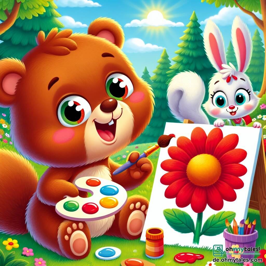 Ein kleiner brauner Bär namens Bobo, mit weichem Fell und funkelnden Augen, sitzt auf dem grünen Gras und malt eine große rote Blume mit einem Pinsel. Er hat ein breites Lächeln im Gesicht, das seine Aufregung und Kreativität zeigt. Neben ihm schaut ein kleines Eichhörnchen namens Lilli, mit rotem Fell und buschigem Schwanz, fasziniert auf Bobos Malerei, ihre Augen leuchten vor Neugier. Sie hält eine Palette mit leuchtenden Farben und scheint bereit zu sein, ebenfalls zu malen. Ein kleiner Hase namens Max, mit weißem Fell und langen Ohren, steht etwas im Hintergrund und lächelt schüchtern, während er einen Farbstift hält. Der Ort ist ein charmantes Sommercamp im Wald, umgeben von majestätischen Bäumen mit leuchtend grünen Blättern, bunten Blumen und Sonnenstrahlen, die durch die Äste scheinen. Im Hintergrund sieht man eine kleine Holzhütte, in der andere Kinder fröhlich spielen. Die Hauptsituation zeigt Bobo, Lilli und Max, die zusammen bunte Kunstwerke schaffen, lachen und Spaß haben, während sie die Schönheit des Sommers und der Freundschaft genießen.