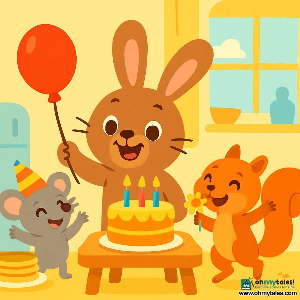 A joyful little bunny with big ears and soft brown fur, smiling with sparkling eyes, stands on its hind legs, holding a red balloon in one paw. Next to it, a small gray mouse wearing a colorful hat, with eyes shining with joy, raises its arms in the air singing "Happy Birthday." A red-furred squirrel, with a yellow flower in its mouth, dances around them, displaying a big smile. The scene takes place in a sunny kitchen with pastel walls and a large wooden table filled with golden pancakes and a birthday cake decorated with colorful candles. The bunny, surrounded by its friends, is ready to blow out its candles, its face radiating happiness.