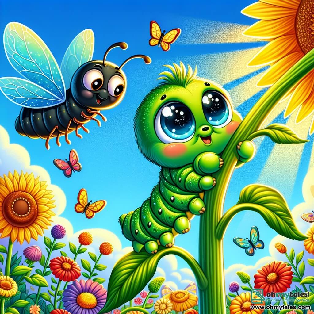 An illustration depicts a small green caterpillar with big bright eyes and a determined smile, courageously climbing a sunflower stem. It appears focused and hopeful, its tiny legs gripping the stem tightly. Nearby, a small black beetle with shiny wings and round eyes watches with an expression of encouragement and admiration, hovering slightly above the caterpillar, ready to help if needed. In the background, a colorful garden stretches into the distance, filled with vibrant flowers, lush green leaves, and golden sunlight illuminating the scene. Colorful butterflies dance in the air, adding a touch of magic to the environment. The main scene shows the caterpillar determined to climb higher, facing its fears and concentrating on its dream of flying, while its friends encourage it on this adventure. Additional graphic elements include soft clouds in the blue sky and small flowers around the stem, symbolizing the beauty and support of nature.