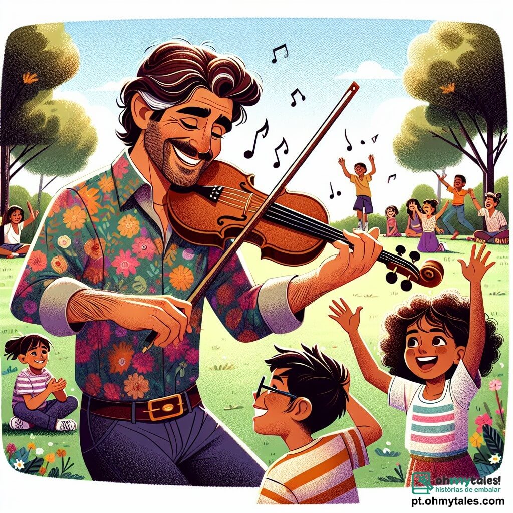 Um homem chamado Miguel, com cabelos castanhos e desgrenhados, um sorriso caloroso e olhos brilhando de excitação, toca seu violino no centro do palco. Ele usa uma camisa colorida e uma calça jeans, e seu rosto expressa uma alegria contagiante enquanto compõe uma melodia. Ao seu lado, uma menina de 10 anos, Luísa, com cabelos cacheados e um vestido florido, dança alegremente, com os braços erguidos para o céu, cheia de energia e felicidade. Um menino de 9 anos, Pedro, com óculos e uma camiseta listrada, bate palmas no ritmo da música, exibindo um grande sorriso. A cena ocorre em um parque ensolarado, repleto de árvores verdes e flores coloridas, com um grupo de crianças reunidas ao redor, cativadas pela música. A situação principal mostra Miguel e as crianças criando uma canção juntos, unindo suas vozes e talentos em uma atmosfera alegre e festiva, cheia de risos e amizade.