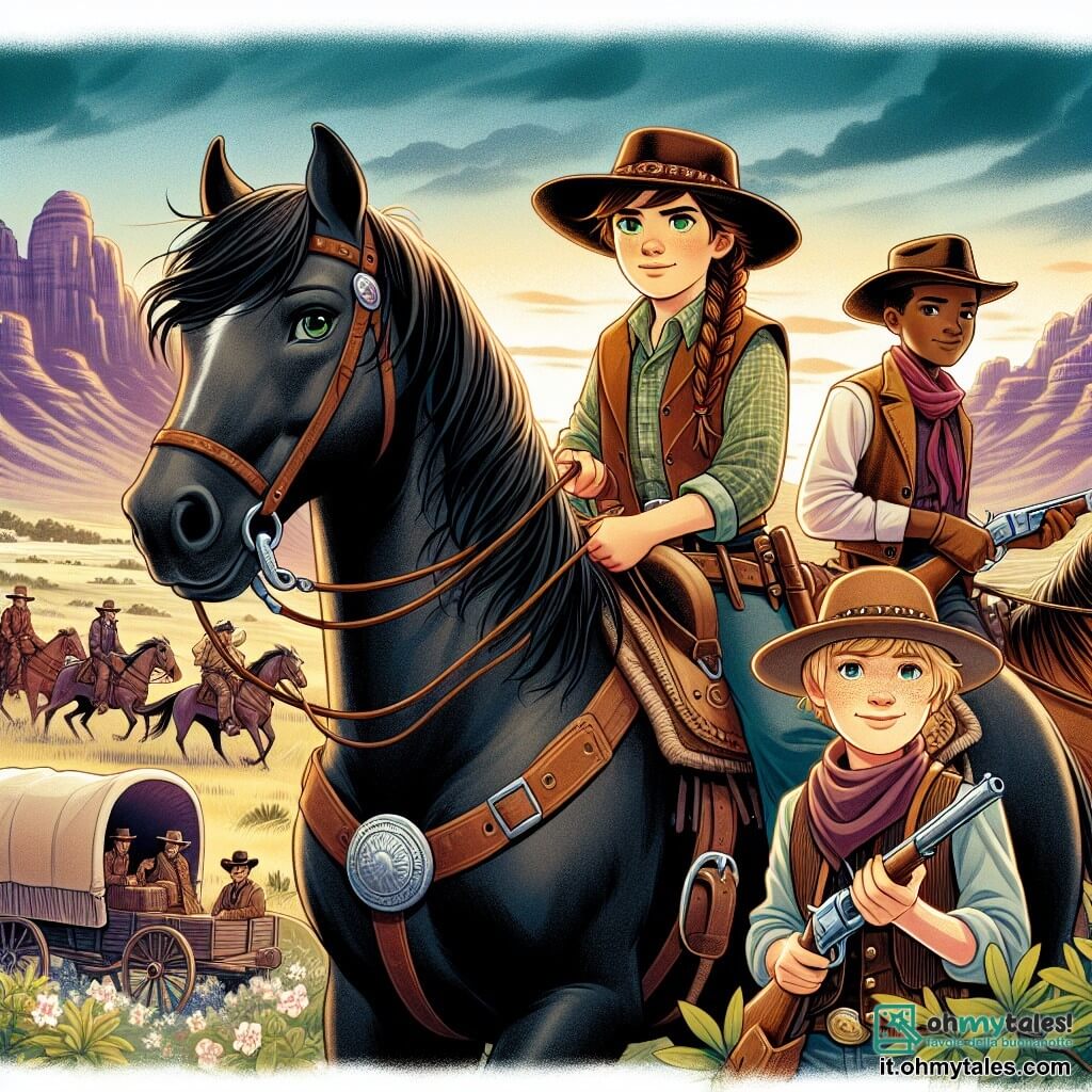 Clara, una giovane cowgirl di dodici anni, è fiera sul suo cavallo, Thunder, un magnifico purosangue nero. Ha lunghi capelli castani intrecciati e occhi verdi brillanti di audacia, con un'espressione determinata mentre guarda lontano, pronta ad affrontare i banditi. Accanto a lei, Jake, un ragazzo astuto di dodici anni, indossa un cappello da cowboy e un gilet di pelle, tenendo un lasso in mano, pronto ad agire. Lucy, una ragazza coraggiosa di undici anni, si trova dietro Clara, con un fucile ad aria compressa sulla spalla e un sorriso sicuro. La scena si svolge in cima a una collina che sovrasta una vasta prateria, mentre il sole sorge all'orizzonte, illuminando le maestose montagne sullo sfondo. In lontananza, un gruppo di banditi in pelle si dirige verso un carro carico di merci, creando un'atmosfera di tensione palpabile. Clara e i suoi amici, uniti dal coraggio, si preparano a difendere il villaggio contro i ladri, pronti a combattere per la giustizia e l'amicizia.