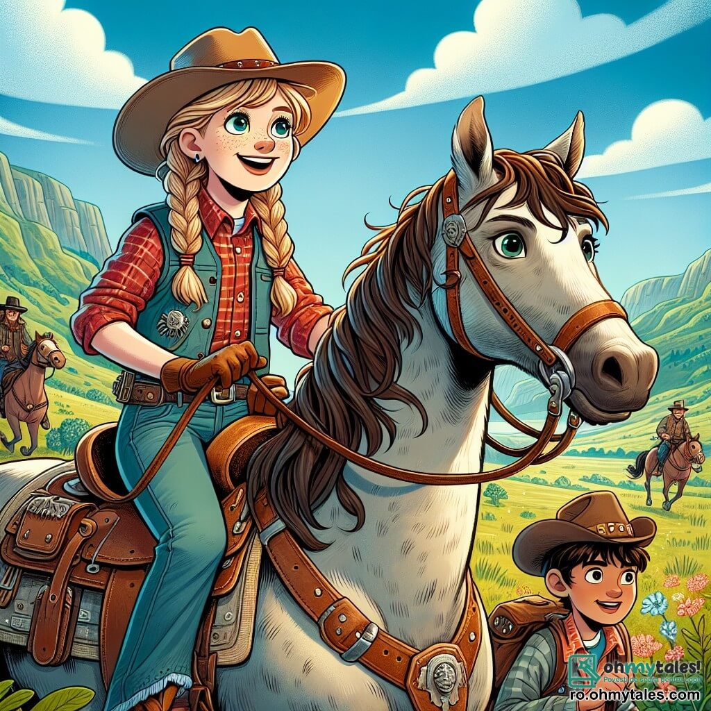 Clara, o tânără cowgirl de 12 ani, stă mândră pe calul ei, Bătrânul Roy, cu un zâmbet mare pe față. Are părul lung blond împletit, o pălărie de cowboy bej și poartă o cămașă cu carouri roșii, o vestă din piele și cizme din piele uzate. Ochii ei strălucesc de entuziasm și determinare în timp ce observă un grup de hoți în depărtare. Lângă ea, Jake, un băiat de 11 ani, este agil și rapid, cu părul brun zbârlit și o jachetă din denim. Se pregătește să alerge, gata să o ajute pe Clara să își apere orașul. Maria, o fată de 10 ani, cu ochelari rotunzi și părul creț, ține o hartă în mâini, arătând drumul spre ascunzătoarea hoților, stând puțin în spate și observând atent situația. Scena are loc într-o pajiște vastă și însorită, cu dealuri verzi la orizont, flori sălbatice colorate pe sol și un cer albastru strălucitor presărat cu câteva nori albi. În depărtare se zărește micuțul sat Prairie Gulch, cu case din lemn și un saloon. Situația principală arată cum Clara și prietenii ei se pregătesc să înfrunte hoții care plănuiesc să jefuiască banca satului. Clara, plină de curaj, este hotărâtă să își protejeze orașul și să apere ceea ce este drept.