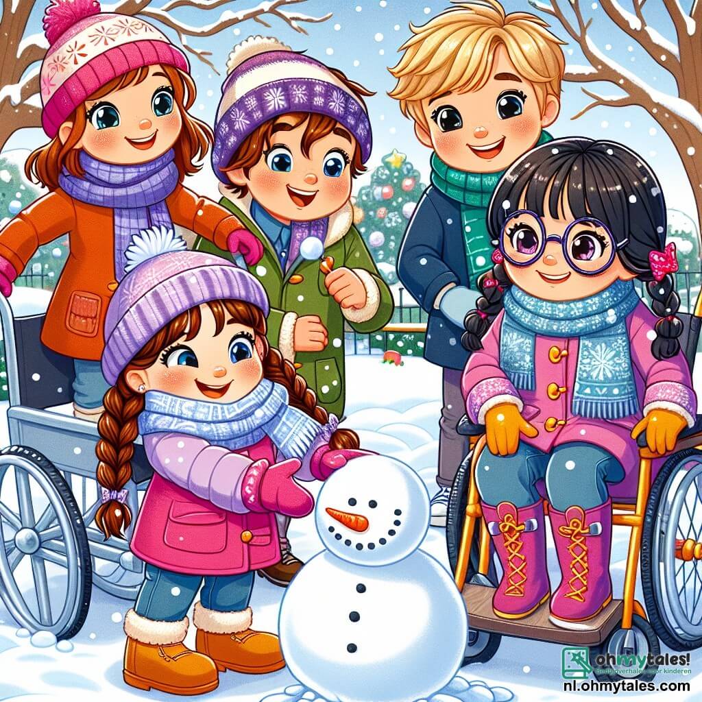 In een besneeuwd park zijn vier vrienden samengekomen voor een geweldige wintermoment. Lisa, een zevenjarig meisje met lange bruine haren en sprankelende ogen, maakt een grote sneeuwbal om een sneeuwman te bouwen. Ze draagt een felroze jas en een bijpassende muts. Tom, een zevenjarige jongen met rommelig blond haar en een ondeugende glimlach, staat naast haar, klaar om een sneeuwbal in de lucht te gooien. Hij draagt een blauwe sjaal en rode handschoenen. Sara, een zevenjarig meisje met gevlochten zwart haar en ronde bril, zit op haar hurken te zoeken naar een wortel voor de neus van de sneeuwman. Ze draagt een paarse jas en gele laarzen. Sam, een zevenjarige jongen met kastanjebruin haar, zit in zijn rolstoel versierd met sneeuwvlokken, lachend terwijl hij naar zijn vrienden kijkt. Hij draagt een groene jas en een gestreepte sjaal. Het park is gevuld met glinsterende sneeuw, met bomen bedekt met rijp en sneeuwvlokken die zachtjes uit de blauwe lucht vallen. In de verte staan witte heuvels onder een stralende zon. De vrienden hebben plezier samen, lachend en spelend terwijl ze een sneeuwman bouwen en zich voorbereiden op een grote sneeuwballengevecht, vol opwinding en vreugde.