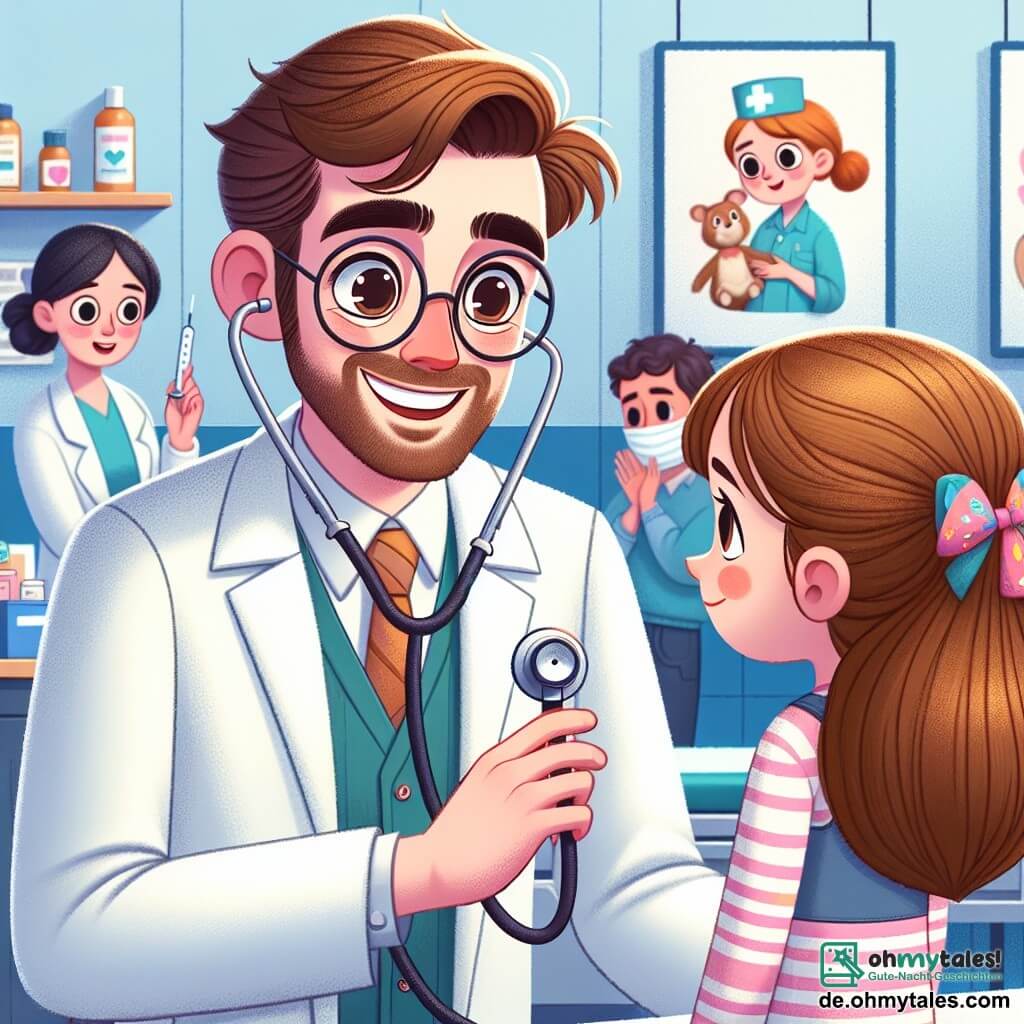 Ein Mann, Doktor Max, steht im Mittelpunkt des Bildes. Er ist etwa dreißig Jahre alt, hat braune Haare und trägt eine runde Brille. Sein warmes Lächeln und seine strahlenden Augen zeigen, dass er fröhlich und beruhigend ist. Er trägt einen weißen Arztkittel und hält ein Stethoskop in den Händen, bereit, das Herz eines Patienten zu hören. Neben ihm steht ein sechsjähriges Mädchen namens Lena auf einem Untersuchungstisch. Sie hat lange blonde Haare, eine große bunte Haarspange und ein besorgtes, aber neugieriges Gesicht. Sie schaut den Doktor mit einer Mischung aus Nervosität und Hoffnung an. Im Hintergrund bereitet eine lächelnde Krankenschwester, etwa 25 Jahre alt, medizinische Instrumente auf einem Tisch vor. Sie hat kastanienbraune Haare, die zu einem Dutt gebunden sind, und trägt eine blaue Uniform. Die Szene spielt in einer hellen und einladenden Klinik mit Wänden in Pastellfarben, Plakaten von Zeichentrickfiguren zur Gesundheit und verstreuten Spielzeugen auf dem Boden, was eine fröhliche und beruhigende Atmosphäre schafft. Doktor Max untersucht Lena, die Bauchschmerzen hat, und spricht sanft mit ihr, um sie zu beruhigen. Ihre Mimik zeigt eine Interaktion voller Mitgefühl und Vertrauen, die die Bedeutung der Medizin für Kinder veranschaulicht.