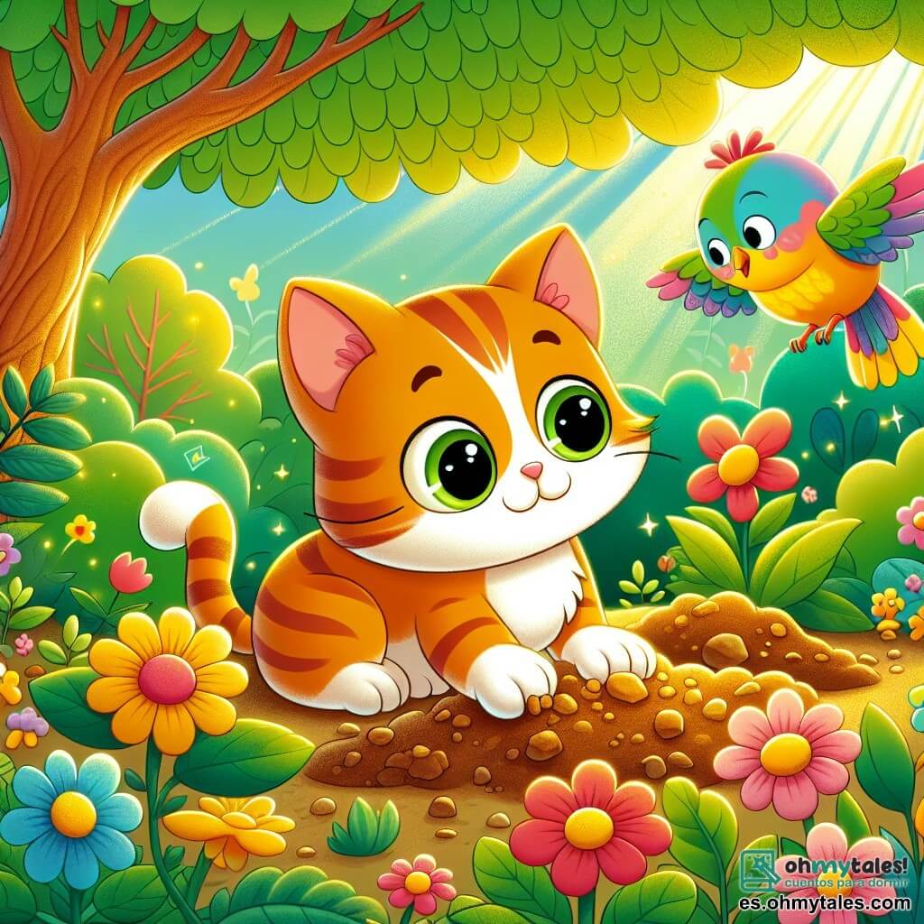 Un gato llamado Miau, con un pelaje suave y rayado de colores naranja y blanco, muestra una gran curiosidad con sus grandes ojos amarillos brillantes. Está sentado en medio de un jardín exuberante, rodeado de flores brillantes de todos los colores, cavando suavemente el suelo con sus patas. Cerca, un pequeño pájaro llamado Tico, con plumas multicolores, vuela alegremente alrededor de Miau, buscando un tesoro escondido. El jardín está bañado de luz dorada, con un gran árbol de follaje verde brillante y un pequeño estanque centelleante al fondo. La escena muestra a Miau y Tico en plena búsqueda de aventura, llenos de emoción y amistad, mientras exploran juntos este lugar mágico.