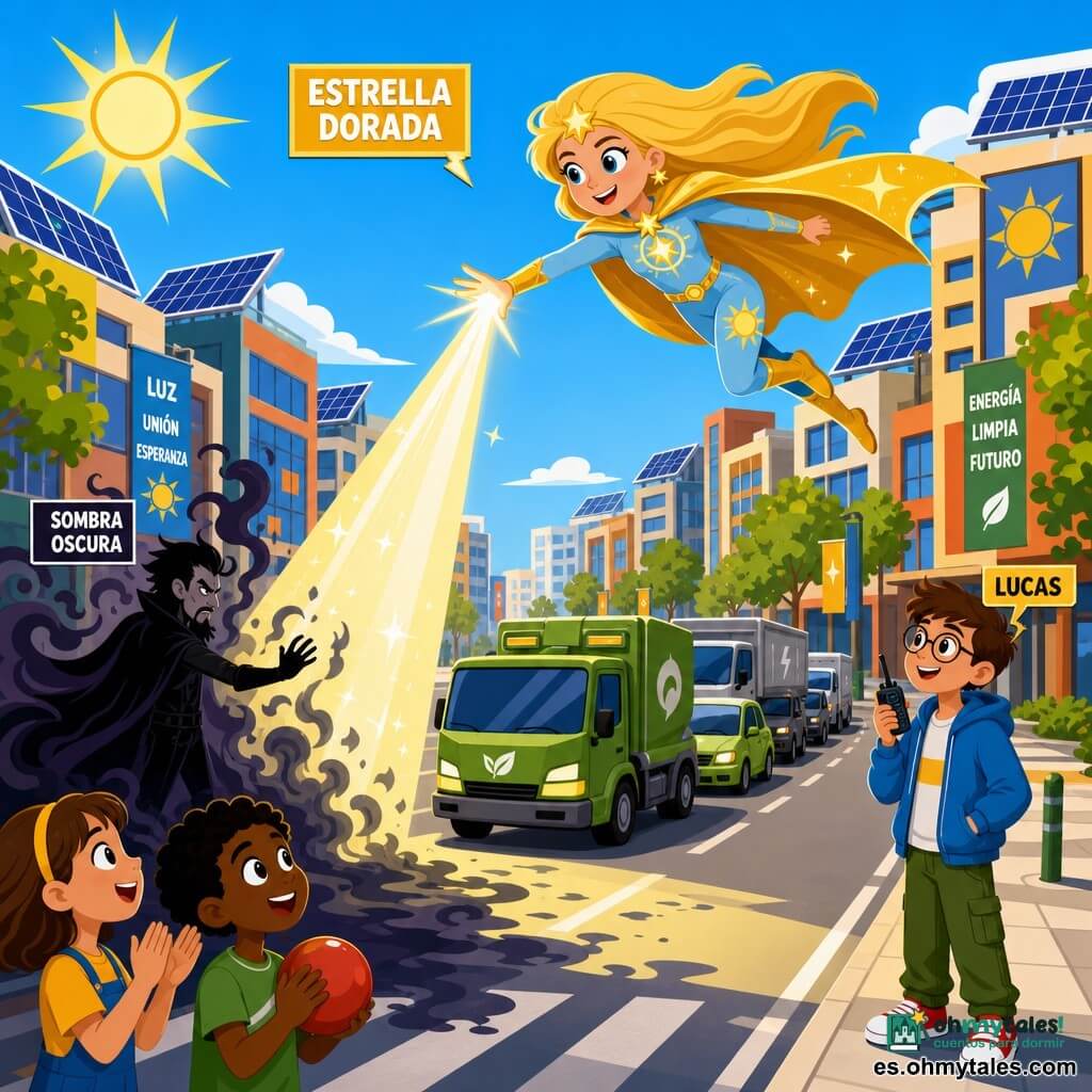 La heroína es Estrella Dorada, mujer alegre y decidida, sonrisa, cabello rubio largo flotando, capa dorada y traje azul claro con motivos solares; vuela inclinada hacia adelante y proyecta un rayo de luz amarillo claro al suelo para disipar una sombra negra y proteger el convoy. Un secundario es Lucas, chico de unos 12 años, cabello castaño corto y gafas redondas, ropa informal, sostiene un walkie y mira a Estrella desde el borde derecho de la carretera junto al convoy. Otro secundario es Sombra Oscura, hombre de unos 35 años, silueta sombría con capa negra y contornos brumosos, expresión contrariada, genera sombras delante de él enfrentando al convoy. En primer plano izquierdo dos niños (niña de 8 y niño de 7) con ojos maravillados aplauden y sujetan una pelota roja recuperada. Escena en una amplia avenida urbana al mediodía con edificios coloridos de fachadas geométricas, paneles solares al fondo, vehículos del convoy verdes y grises alineados, cielo azul vivo y sol estilizado arriba a la izquierda; composición dinámica, fuertes contrastes entre luz cálida y sombra fría, formas simples, colores vivos y áreas planas sin texturas.