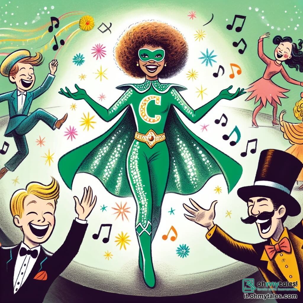 Carla, una supereroina, è al centro della scena con un grande sorriso. Indossa una tuta verde brillante con una grande lettera "C" sul petto e una mantella che fluttua dietro di lei. I suoi capelli ricci sono di un marrone lucente e i suoi occhi brillano di gioia. È circondata da fiori colorati che danzano e cantano intorno a lei, creando un'atmosfera festosa. Alla sua destra, un bambino di circa 8 anni con un cappello blu ride cercando di afferrare un fiore cantante che vola in aria. Ha capelli biondi e occhi blu pieni di meraviglia. A sinistra, il Dottor Grinch, un uomo dal viso verde, ride di cuore con le braccia alzate. Indossa un costume nero con accenti rossi e sembra sorpreso dall'atmosfera gioiosa. La scena si svolge in un parco soleggiato, pieno di alberi e fiori. I bambini giocano e danzano sull'erba, mentre una leggera brezza fa volare petali colorati. Carla usa i suoi poteri comici per far danzare i fiori cantanti, mentre i bambini e il Dottor Grinch si uniscono alla festa, creando un'atmosfera di gioia e risate.