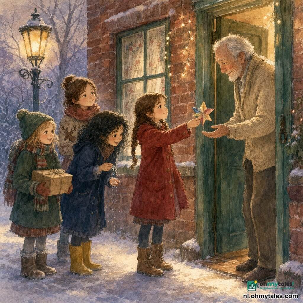 Vier kinderen: meisje ~10 met bruine gevlochten haren en rood mantel met gouden knopen in het midden die een kleine gekleurde papieren ster naar de buurman reikt; meisje ~9 met kort blond haar, groene muts en gestreepte sjaal links, glimlachend met een klein pakket in kraftpapier; meisje ~11 met krullend zwart haar, donkerblauw mantel en gele laarzen rechts, licht voorovergebogen met glinsterende ogen en wat glitters op haar vingers; meisje ~10 met kastanjebruin haar, gesloten paraplu tegen haar schouder en rendiertrui achteraan die warm toekijkt. Eén oudere man: ~75, lichtgrijs haar en baardje, beige wollen trui, staande in het houten deurkozijn met vochtige ogen en hand uitgestoken om de ster aan te nemen. Plaats: klein portiek van een roodstenen huis, groen houten deurkozijn, ruitvenster met bloemengordijn en kleine lichtjes, stoep met verse sneeuw, smeedijzeren lantaarn met zacht geel licht, kale wintertakken op de achtergrond. Situatie: de kinderen overhandigen samen een licht gepailleerde papieren ster aan de man op zijn drempel; warme sfeer ondanks de sneeuw, aquarelachtige pasteltinten, gekreukt papiertextuur, zachte lichtreflecties op de sneeuw en tedere blikken en gebaren.