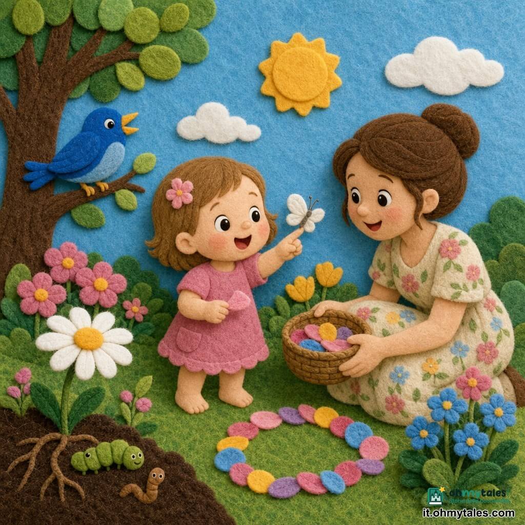 Bambina di 2 anni, felice e meravigliata, capelli castano chiaro corti, guance rotonde, occhi brillanti, a piedi nudi, che tende un dito verso una delicata farfalla bianca posata; la madre (circa 30 anni), sorridente, capelli raccolti in uno chignon, vestito leggero a fiori, accovacciata accanto a lei con un piccolo cesto di vimini pieno di petali colorati; un uccellino azzurro su un ramo a sinistra canta guardando la bambina; in primo piano una bruchina verde e un lombrico bruno vicino alle radici di una margherita; giardino primaverile con erba verde, macchie di fiori rosa, gialli e blu, un albero dalle foglie rotonde e cielo azzurro con sole tenue; la bambina raccoglie un petalo rosa mentre la madre le porge il cesto e una ghirlanda di petali comincia a formarsi sull'erba.
