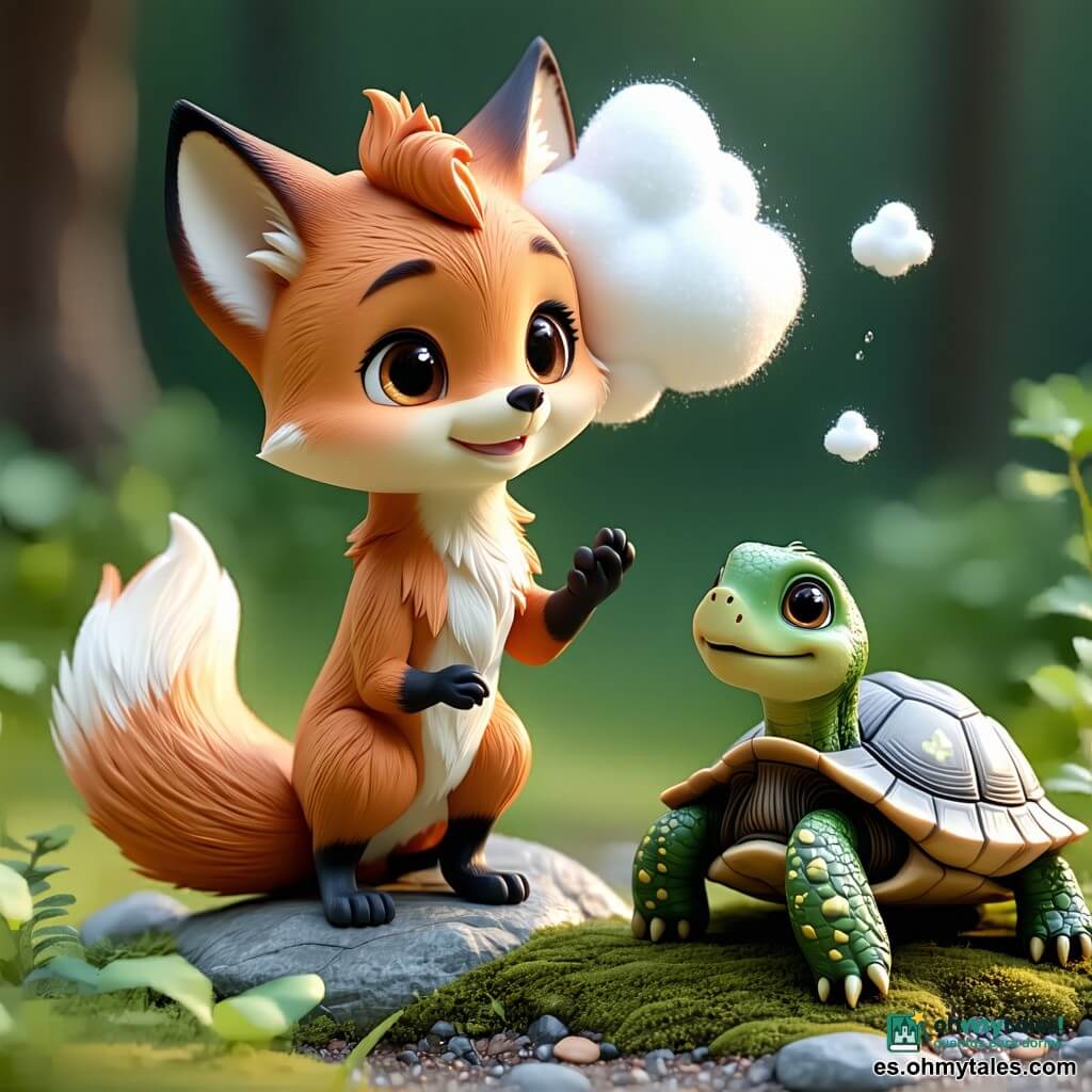 La protagonista es una joven zorrita de pelaje dorado brillante, ojos redondos y sonrisa curiosa; sostiene en su cola una nube blanca y esponjosa que ofrece con la pata. La tortuga Tomasa, lenta y redonda con caparazón verde moteado de musgo y mirada agradecida, está sentada junto a una roca cálida mientras la nube le da una sombra fresca. A la izquierda, el conejo Bruno, pequeño y gris con orejas grandes, salta atrás sorprendido y feliz. La nube-personaje es una bolita de vapor con textura algodonosa y leves chispas luminosas, flotando entre la cola de la zorrita y la tortuga como un regalo. La escena ocurre en una clara de hierba verde con árboles de hojas plateadas, rayos dorados y algunas flores; la composición se centra en el gesto tierno de compartir, con expresiones legibles y colores pastel de estilo infantil.