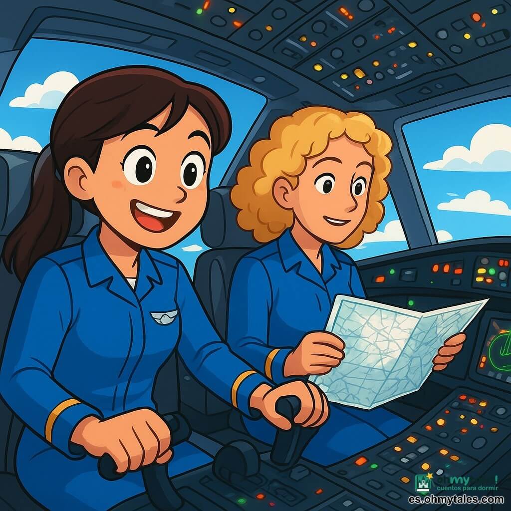 Una piloto mujer, Lucía, sonriente y confiada, con cabello castaño recogido en una coleta, lleva un uniforme azul brillante con alas plateadas en el pecho. Está sentada en la cabina de un avión, con las manos en los controles, los ojos brillantes de emoción y determinación. A su lado, su copiloto Marina, una mujer de unos 30 años, con cabello rubio y rizado, consulta mapas de vuelo, mostrando una expresión concentrada y entusiasta. La cabina del avión está llena de luces parpadeantes e instrumentos brillantes, con grandes ventanas que ofrecen una vista espectacular de un cielo azul salpicado de nubes blancas. En el fondo, se ven pasajeros a través de las ventanillas, niños con caras maravilladas, señalando los paisajes de abajo. La escena principal muestra a Lucía y Marina preparándose para el despegue, con una atmósfera dinámica y alegre, mientras el avión avanza por la pista, listo para volar hacia nuevas aventuras.