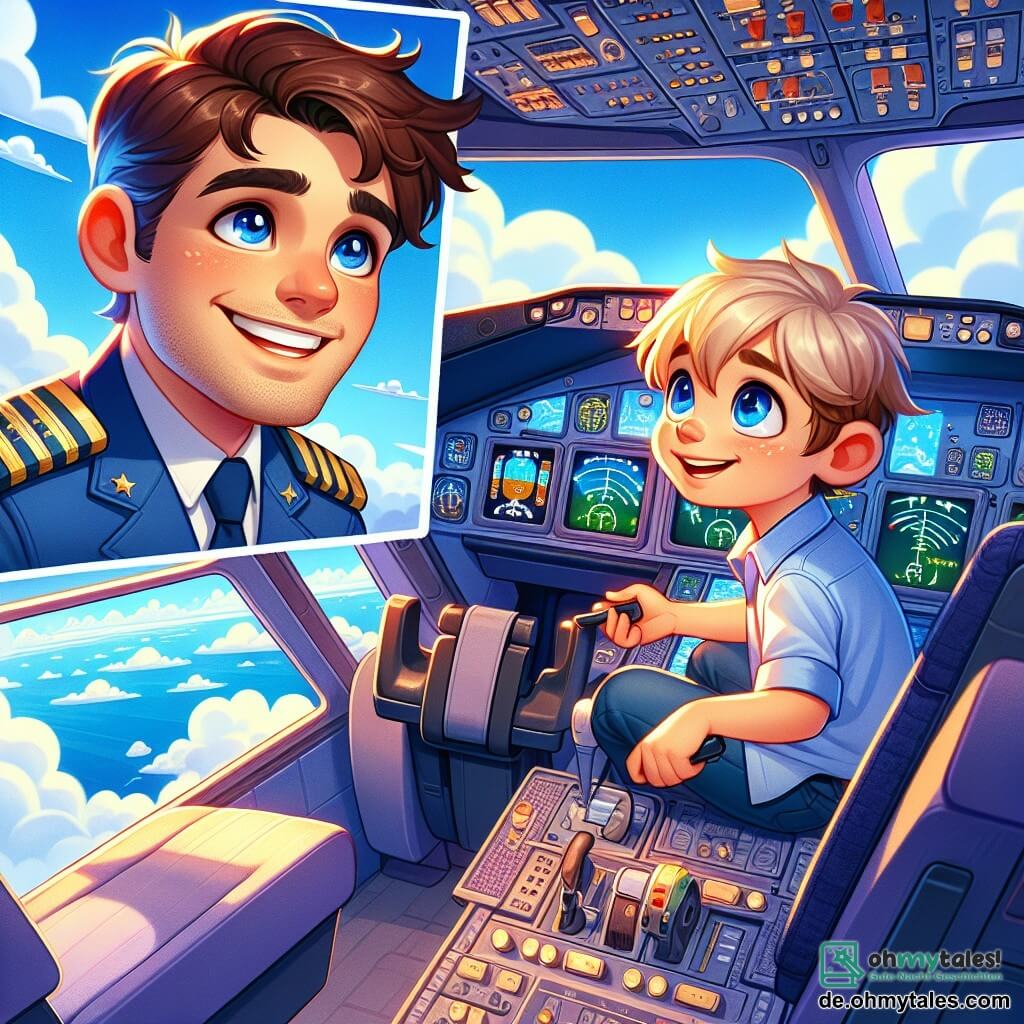 Ein lächelnder und selbstbewusster Pilot namens Max trägt einen blauen Pilotenanzug mit goldenen Schulterklappen. Seine braunen Haare sind vom Wind leicht zerzaust, während er im Cockpit eines Flugzeugs sitzt, die Hände am Steuer, und staunend die watteartigen Wolken betrachtet. Neben ihm sitzt ein 8-jähriger Junge namens Tim mit blonden Haaren und funkelnden Augen auf dem Beifahrersitz. Er hält ein kleines Werkzeug und schaut Max bewundernd an, bereit zu helfen. Das Cockpit ist mit bunten Knöpfen und blinkenden Lichtern gefüllt, und große Fenster bieten einen spektakulären Blick auf den strahlend blauen Himmel und die fluffigen weißen Wolken. Die Hauptsituation zeigt Max und Tim, die zusammen an einem kleinen Motorproblem arbeiten, umgeben von der Schönheit des Himmels, was den Geist von Abenteuer und Freundschaft illustriert.