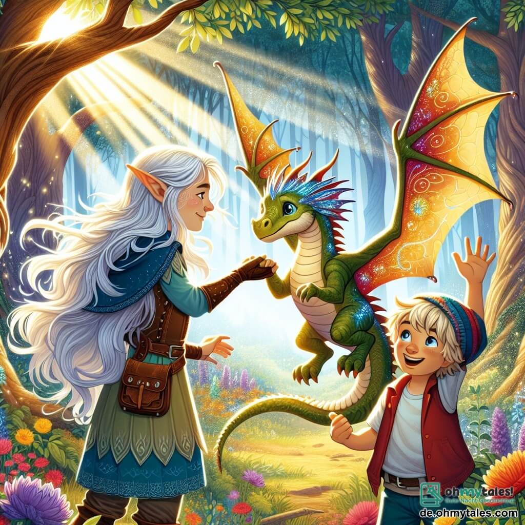 Eine weibliche Elfe namens Lila mit langen silbernen Haaren und funkelnden Flügeln lächelt fröhlich, während sie die Hand eines kleinen Drachen mit glänzenden Schuppen und sanften Augen hält, in einer freundlichen Haltung. Neben ihnen steht ein etwa 8-jähriger Junge namens Max, der einen bunten Hut trägt und mit funkelnden Augen voller Aufregung den Drachen bewundert. Die Szene spielt in einem verzauberten Wald, wo die Bäume hoch und majestätisch sind, ihre Blätter in tausend Farben glänzen und bunte Blumen den Boden bedecken. Sonnenstrahlen dringen durch das Laub und schaffen eine magische und einladende Atmosphäre. Lila und Max spielen mit Flamme, dem Drachen, der sich zum Abheben bereit macht, seine Flügel ausgebreitet, während Max ihn mit einem breiten Lächeln anfeuert. Lila, voller Freude, hebt die Arme zum Applaudieren und schafft eine Atmosphäre von Glück und Freundschaft an diesem zauberhaften Ort.
