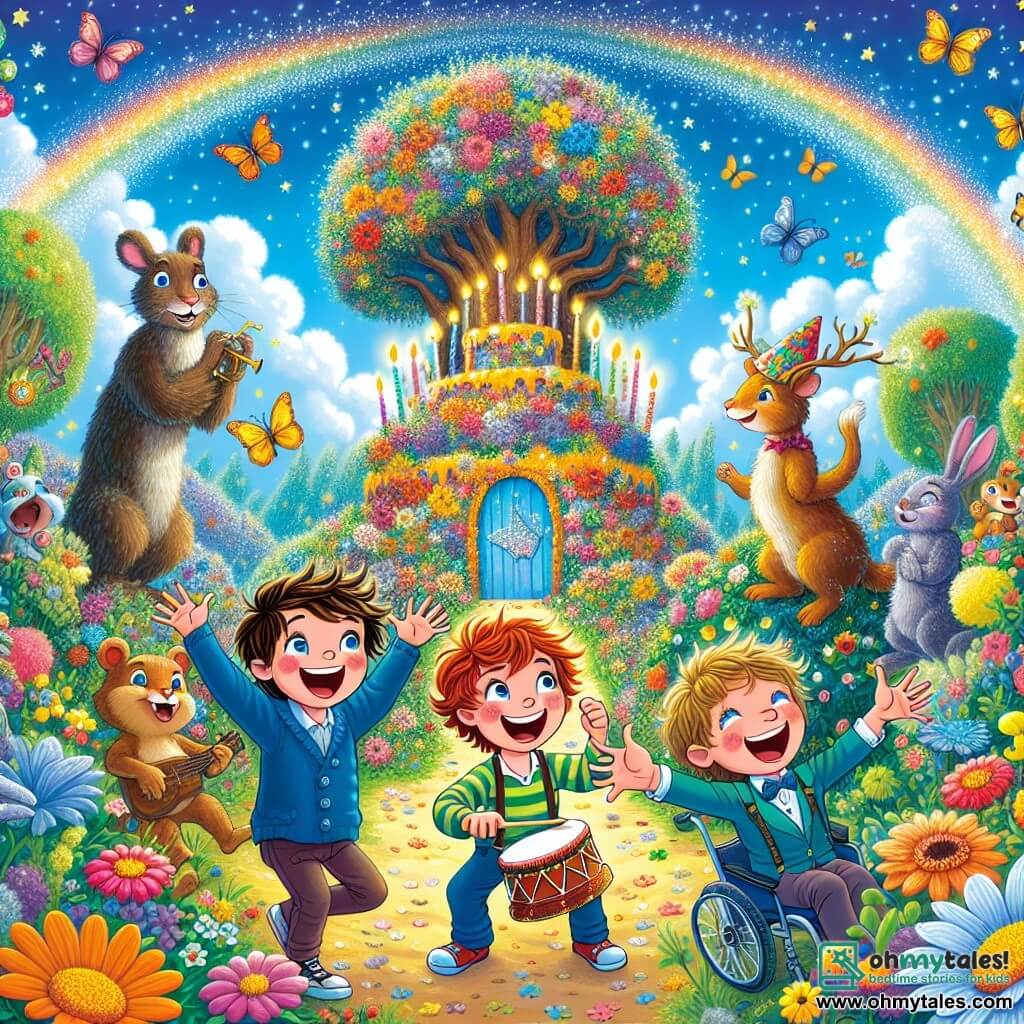 There are three main characters: Max, an 8-year-old boy with messy red hair and a big smile, who stands in the center with his arms raised in joy. To his right is Leo, a 7-year-old boy with sparkling eyes and brown hair, holding a small drum and playing music with colorful flowers around him. On the left is Ben, a 9-year-old boy in a blue wheelchair, laughing heartily, surrounded by colorful butterflies dancing around him. 

The scene takes place in a magical garden filled with bright flowers, large trees with shimmering leaves, and a blue sky dotted with fluffy clouds. In the center, a large sparkling tree with a hidden door covered in flowers stands majestically, illuminated by fireflies.

The main situation shows Max, Leo, and Ben joyfully celebrating Max's birthday in this fairy-tale garden, surrounded by fantastic creatures like musical rabbits and painter squirrels, while a huge colorful cake decorated with sparkling candles sits in front of them.