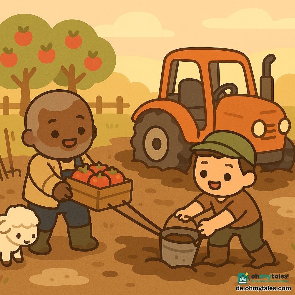 Ein lächelnder, aber konzentrierter Landwirt mit rundem Gesicht, kurzgrauem Bart, beige Segeltuchjacke und schlammigen Gummistiefeln zieht eine Holzkiste mit glänzenden roten Tomaten; ein etwa fünfzigjähriger Nachbar mit kurzem braunem Haar und grüner Schirmmütze hilft, indem er einen Eimer zieht und einen weiteren Eimer mit Seil hält, neben einem im Schlamm feststeckenden kleinen Traktor rechts im Bild; ein weißes Lamm mit flauschigem Fell schaut an den Stiefeln des Landwirts hoch und schmiegt sich an sein Bein; Ort: Hof mit matschigem Boden, glänzenden Pfützen, Stiefeln, Holzwerkzeug, Weidenkorb und einer Reihe Apfelbäume im Hintergrund bei pastellfarbenem Sonnenuntergang; Szene: Traktor steckt im Schlamm, die beiden Männer befreien ihn gemeinsam, freundliche Gesten, warme beruhigende Stimmung; Grafikstil: sanfte flächige Farben, dicke abgerundete Konturen, überzeichnete niedliche Mimik, einfache Texturen, goldenes Abendlicht.