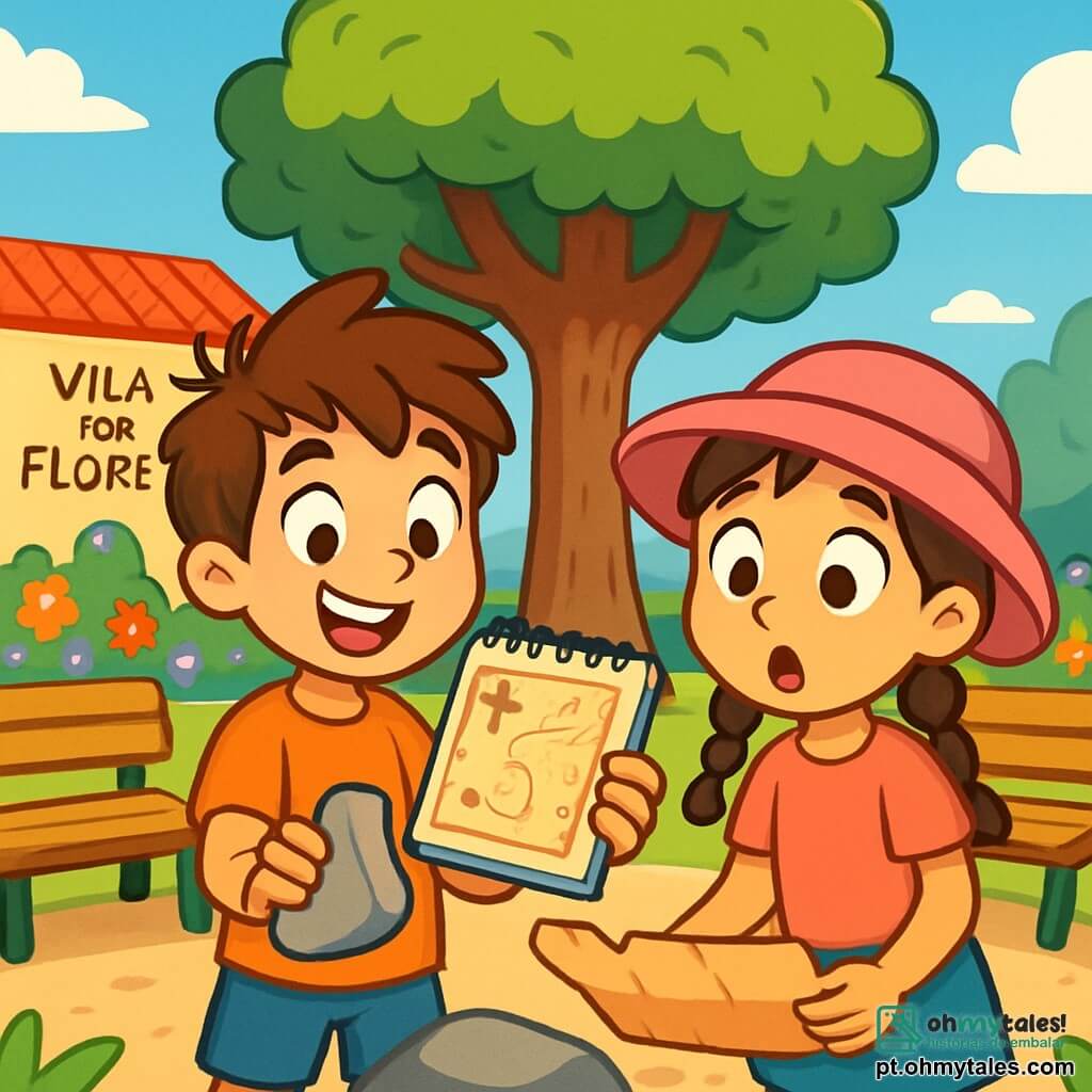 Um garoto de 8 anos, Miguel, com cabelos castanhos bagunçados e olhos brilhantes de curiosidade, segura um caderno de notas nas mãos, exibindo um grande sorriso de empolgação. Ao seu lado, sua melhor amiga Sofia, uma menina de 8 anos com um chapéu rosa e tranças, observa o papel misterioso que eles acabaram de encontrar, com os olhos arregalados de surpresa. Eles estão na praça central de Vila das Flores, cercados por bancos de madeira e uma grande árvore de folhagem densa, sob um céu azul radiante. Ao fundo, flores coloridas dançam suavemente ao vento, acrescentando um toque de magia à cena. A situação principal mostra Miguel e Sofia descobrindo um velho papel sob uma pedra, com o coração acelerado de empolgação, prontos para resolver o mistério do tesouro escondido.
