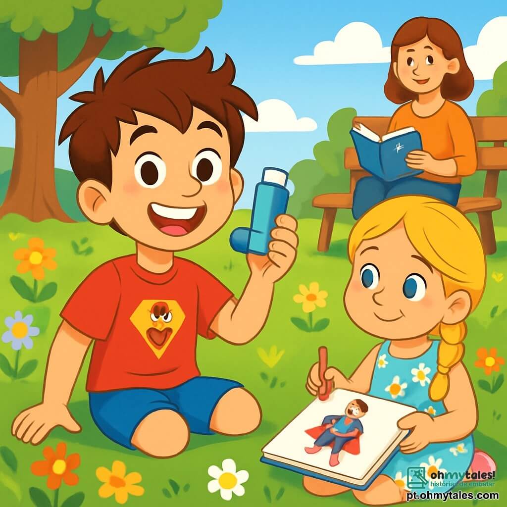 Um menino de 8 anos, Lucas, com cabelos castanhos bagunçados e olhos brilhantes de curiosidade, sorri alegremente enquanto segura um pequeno inalador na mão. Ele usa uma camiseta vermelha com um super-herói e um short azul, sentado na grama verde de um parque ensolarado, cercado por flores coloridas. Ao seu lado, sua irmã Marina, uma menina de 6 anos com cabelos loiros trançados e um vestido florido, desenha super-heróis em um caderno, admirando seu irmão. Um pouco mais longe, sua mãe, Dona Ana, uma mulher sorridente com cabelos castanhos, os observa com carinho, sentada em um banco de madeira, com um livro na mão. O parque está cheio de flores multicoloridas, árvores majestosas e um céu azul brilhante, criando uma atmosfera alegre e pacífica. Lucas, consciente de sua doença, aproveita um momento de felicidade com sua família, rindo e compartilhando sonhos de se tornar um super-herói, pronto para correr uma maratona.