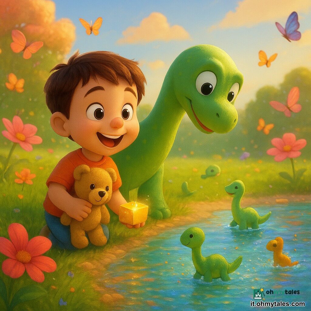 Pietro, un bimbo di 4 anni molto gioioso con capelli castani corti, tiene il suo orsacchiotto Poldo e una piccola scatola brillante, sorride e guarda un lago scintillante; accanto a lui c'è Lino, un giovane dinosauro amico, piccolo e verde con lungo collo e macchie gialle, che si china come per salutare; alcuni piccoli dinosauri giocano e schizzano acqua colorata vicino alla riva, il tutto in un grande prato morbido con fiori rosa e arancioni, grandi farfalle multicolori e un lago dai riflessi arcobaleno, atmosfera calda e magica con luce dorata, colori vivaci, texture soffici e forme arrotondate, composizione centrata e adatta ai bambini.