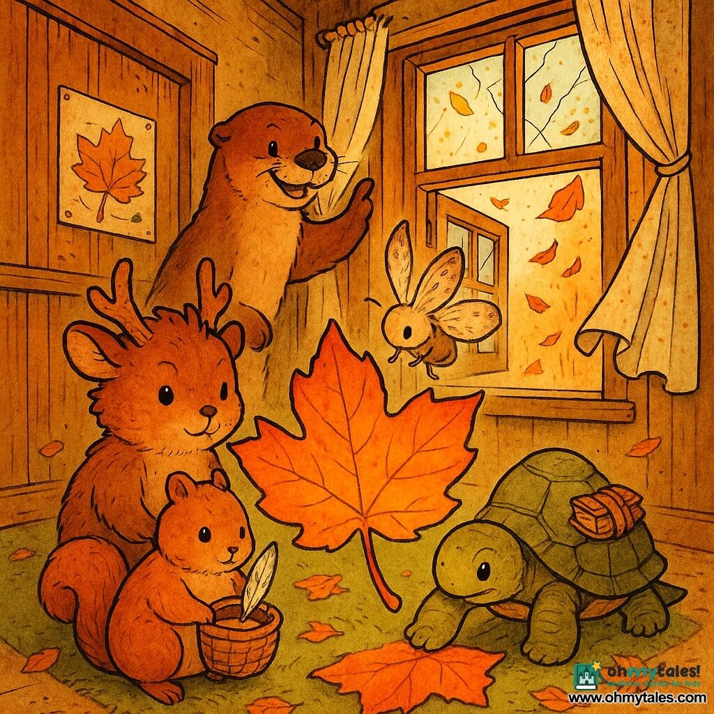 Bramble, a small brown-furred mammal with cinnamon-stick horns and a whipping tail, looks determined and tender as he holds a glowing orange leaf like a tiny sunset; Nutmeg, a round-cheeked squirrel, is mischievous but focused, holding the central basket and gripping a white feather as proof; Wisp, a shy powdered-wing moth, hovers above the paper, holding it with a wing; Pebble, a careful turtle with small notebooks on her shell, steadies the paper’s corner with a foot; Rill, a sturdy enthusiastic otter, stands behind them ready to close a wooden casement; they form a tight circle around a colorful memory page and autumn treasures in a warm forest school corridor—polished wooden walls, foam rugs, oat-colored curtains fluttering from a draft through a cracked window, scattered dry leaves—while a gust lifts the paper’s edges and billows the curtains, creating a gentle heroic tension.