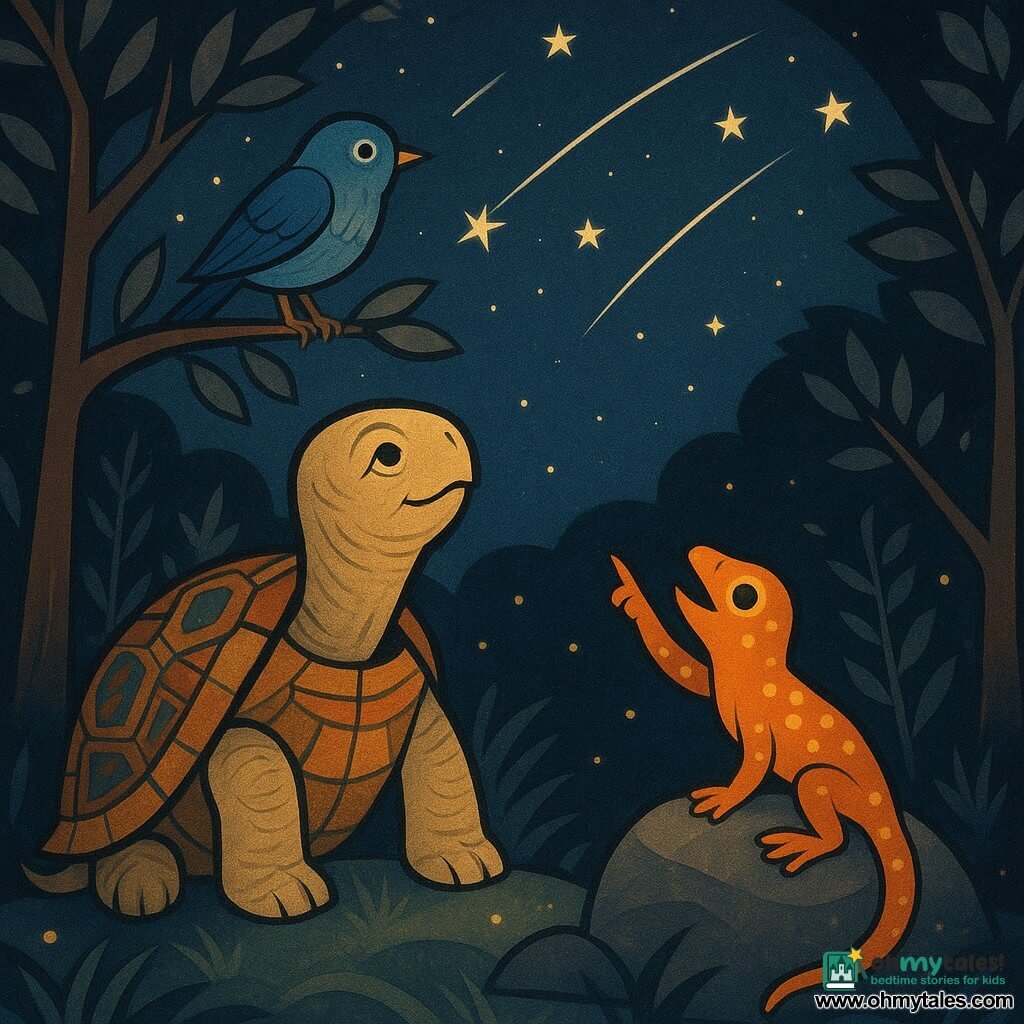 An old turtle named Timothy with a serene face, sparkling eyes, fine wrinkles and a mosaic-like shell sits calmly gazing at the night sky in wonder; a small, lively bright-orange salamander called Sammy, speckled with yellow, perches on a rock beside him, pointing at shooting stars; a small ruffled blue bird perches on a low branch above, tilting its head; they are in an enchanted night clearing with ashen trees, stylized leaves, wavy grass, golden fireflies and a deep blue sky streaked with silver meteors, camping together and sharing a quiet moment of wonder and inner discovery under soft, warm light.