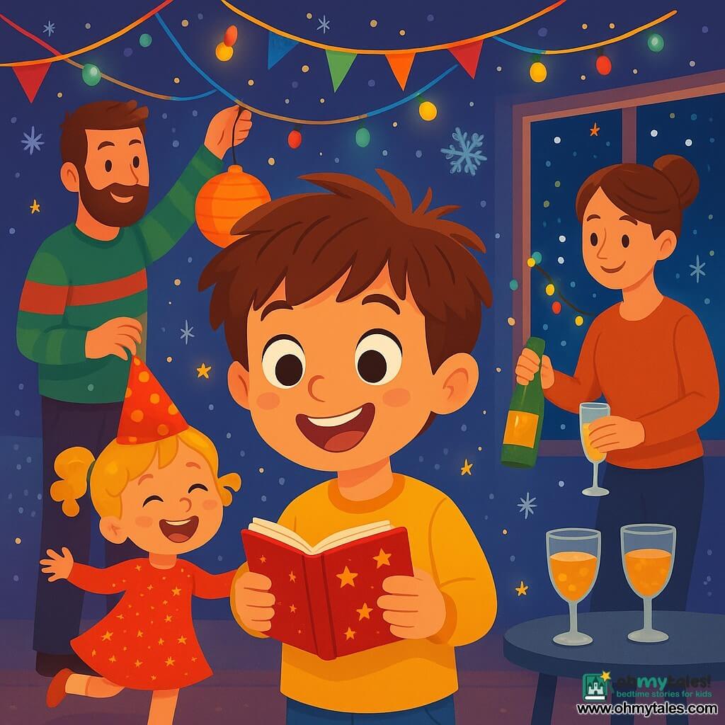 A 6-year-old boy named Oscar, with messy brown hair and sparkling curious eyes, holds a small red notebook decorated with golden stars. He has a big amazed smile on his face, standing in the living room surrounded by shimmering party decorations. His little sister, Lily, a 4-year-old girl with curly blonde hair and a glittery dress, spins around with a party hat on her head, laughing joyfully. Their father, a man in his thirties with a soft beard and a colorful sweater, hangs a paper lantern from the ceiling, while their mother, a smiling woman with brown hair tied up in a bun, pours sparkling juice into glasses. The living room is filled with twinkling lights, colorful garlands, and gently falling snowflakes outside, creating a warm and festive atmosphere. The main scene shows Oscar discovering the magical notebook, ready to make wishes for the new year, with a gleam of excitement in his eyes.