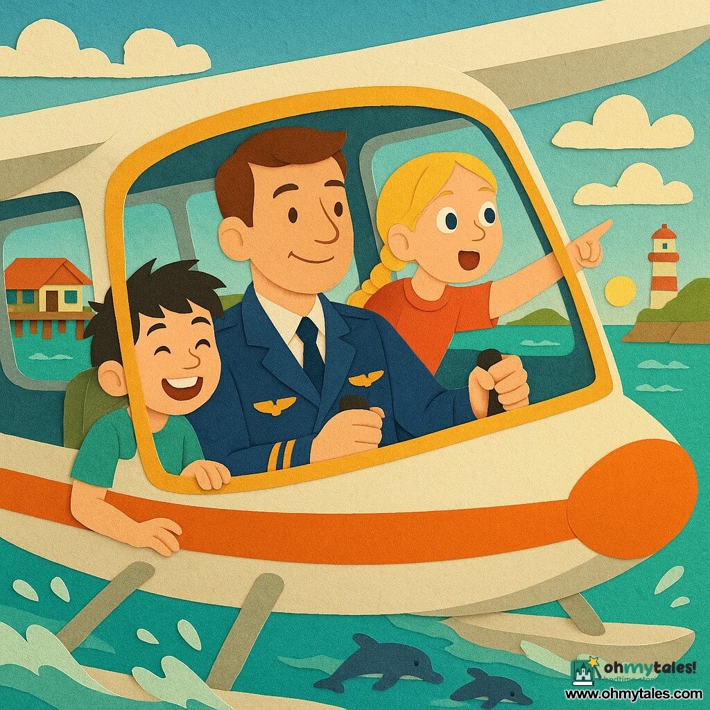 A smiling, calm male pilot in his thirties with short brown hair, wearing a clean navy uniform with a gold insignia, holds the seaplane controls and looks out with a confident, gentle posture; a girl of about nine with blonde braided hair and wide-eyed wonder presses against the cockpit window to his right and points outside; a boy of about eight with messy black hair and a big smile sits to the pilot’s left with his hands on the sill, watching dolphins; the colorful wooden dock borders a turquoise bay with green islets and a red-and-white lighthouse on a cliff under a bright sky with fluffy clouds and golden sunlight reflecting on the water; the seaplane is gently lifting off with fine splashes around the floats, large bright windows, composition centered on the pilot and the awed children on each side.