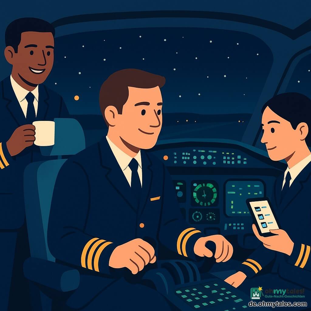 Ein Pilot Mitte 30 mit kurzen braunen Haaren, rundem freundlichem Gesicht, in dunkelblauem Uniform mit goldenen Streifen sitzt mittig im Cockpit mit den Händen am Steuer, konzentriert und wohlwollend auf die Instrumente blickend; die Kopilotin Aylin, ca. 30, schwarze zusammengebundene Haare, aufmerksam und beruhigend, in passender Uniform, hält rechts eine Touch-Checkliste und ist leicht zum Piloten gedreht; links im Türrahmen steht Malik, ca. 35, gebräunte Haut, kurze Haare und schelmisches Lächeln, mit einer Tasse Tee und einer kleinen Keksverpackung; nächtliches Cockpit mit grünen und blauen Instrumentenbeleuchtungen, einem sanft blinkenden gelben Warnlicht oben links, großen Scheiben mit Sternenhimmel und fernen Pistenlichtern, sanfte Reflexe auf Metall, klare, lesbare Komposition, kontrastierte aber sanfte Farben (Mitternachtsblau, Smaragdgrün, warmes Gelb), einfache Formen, minimale Schatten, beruhigende professionelle Atmosphäre, Fokus auf Crew-Zusammenarbeit und dem gelben Warnlicht.