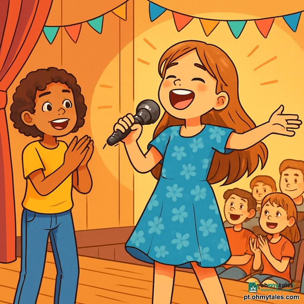 Clara, uma menina de 12 anos, está em um palco de madeira, radiante e cheia de emoção, com cabelos longos e ondulados de cor castanho claro, vestida com um vestido azul florido. Ela canta com paixão, seus olhos brilhando de alegria e determinação, enquanto segura um microfone cintilante. Perto dela, sua melhor amiga Sofia, uma menina de 11 anos com cabelos curtos e cacheados, a observa com admiração, aplaudindo entusiasticamente. Sofia usa uma camiseta amarela e jeans, cercada por outras crianças curiosas. O local é um auditório acolhedor, com paredes decoradas com guirlandas coloridas e um público entusiasmado sentado em cadeiras de madeira, todos cativados pela performance de Clara. A cena principal mostra Clara no palco, cantando com toda a sua força, enquanto o público aplaude e sorri, criando uma atmosfera de alegria e encorajamento, repleta de cores vibrantes e luz.