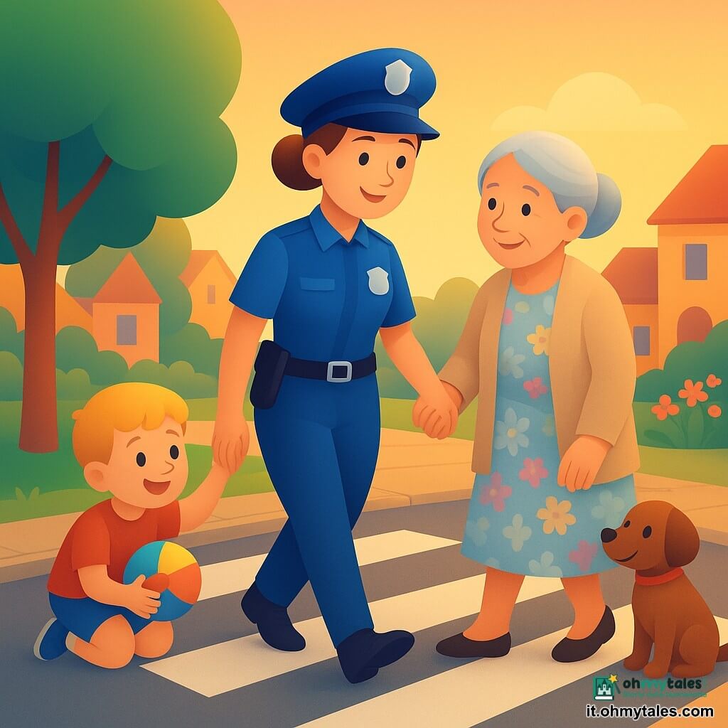 Una poliziotta sorridente e benevola di circa 30 anni, pelle chiara, capelli castani raccolti in uno chignon, uniforme blu vivo con distintivo argentato e berretto tondo, tiene delicatamente la mano di una nonna di circa 75 anni con capelli grigi in chignon, vestito floreale pastello e piccolo soprabito beige; la nonna sorride riconoscente e cammina leggermente davanti a lei sul passaggio pedonale. Un bambino di circa 6 anni, capelli biondi corti, maglietta rossa e pantaloncini, è accovacciato vicino a un grande albero a sinistra con una palla colorata e guarda la poliziotta con gioia a pochi metri dalle strisce. Un piccolo cane marrone a pelo corto con collare rosso è seduto vicino al marciapiede di destra scodinzolando. Strada di quartiere tranquilla al tramonto, marciapiede lastricato, strisce bianche, case colorate con giardini fioriti e grande albero verde a sinistra; luce dorata, ombre morbide. Scena principale: la poliziotta aiuta la nonna ad attraversare, gesto protettivo e caldo, atmosfera rassicurante e tenera, colori caldi e forme tonde adatte ai più piccoli.