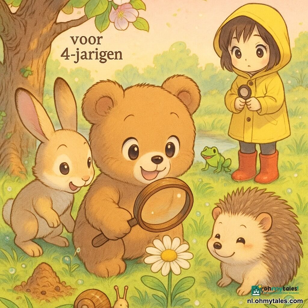 Een rond, donzig bruin knuffelbeertje met glanzende ogen houdt een houten vergrootglas en bekijkt een klein wit madeliefje, links staat een beige haasje met lange oren, rechts een schattig egeltje met zachte bruine stekels, op de achtergrond een glanzende groene kikker bij de vijver, achter het beertje een meisje in felgele regenjas en rode laarzen die timid glimlacht met een observatie-instrument, op de voorgrond kruipt een slak over een blad; scène in een bosopen plek met vochtige groene grasmat en dauwdruppels, bloesemtakken van appelbomen, een ruw boomstam met een mierenheuvel aan de voet, warme gouden ochtendlicht, zachte schaduwen en lenteachtige, rustige sfeer, centraal gecomposeerd rond het beertje en de bloem, heldere pasteltinten, ronde expressieve mangastijl en zachte, kinderlijke, lichte uitstraling.