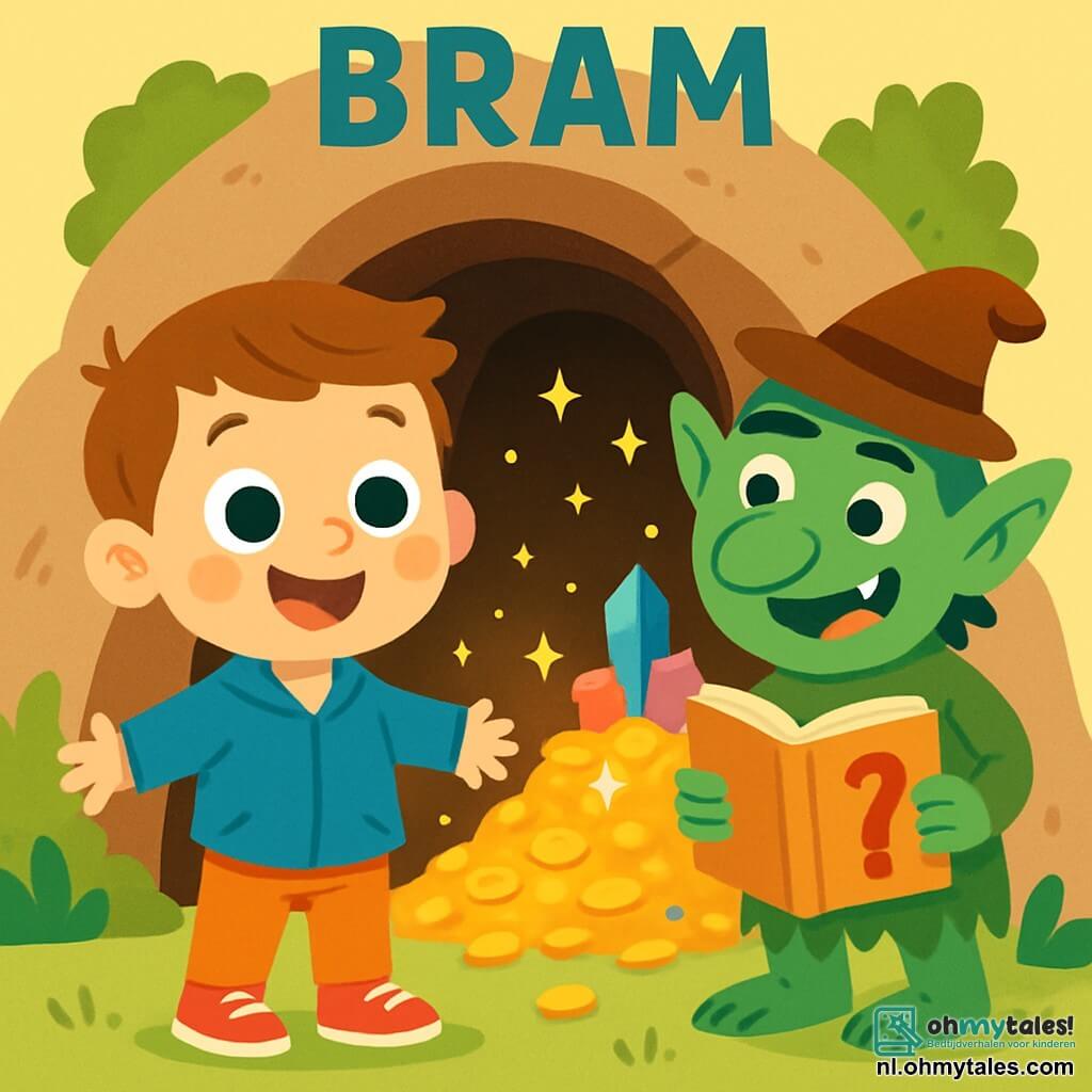 Een 2-jarig jongetje genaamd Bram, met grote glanzende ogen en een ondeugende glimlach, draagt rode veters en een blauwe jas. Hij staat voor een mysterieuze grot, met zijn armen wijd open, klaar om naar binnen te gaan, met een uitdrukking van opwinding en nieuwsgierigheid op zijn gezicht. Naast hem kijkt een grappige troll met groene huid, een scheef hoedje en uitstekende tanden, naar Bram met een ondeugende blik, terwijl hij een groot raadselboek vasthoudt. De grot is donker van binnen, maar gouden lichtflitsen verlichten glinsterende munten en kleurrijke kristallen, wat een magische sfeer creëert. In deze scène is Bram klaar om een raadsel op te lossen dat door de troll is gesteld, omringd door een fantasiewereld vol schatten en lachen.