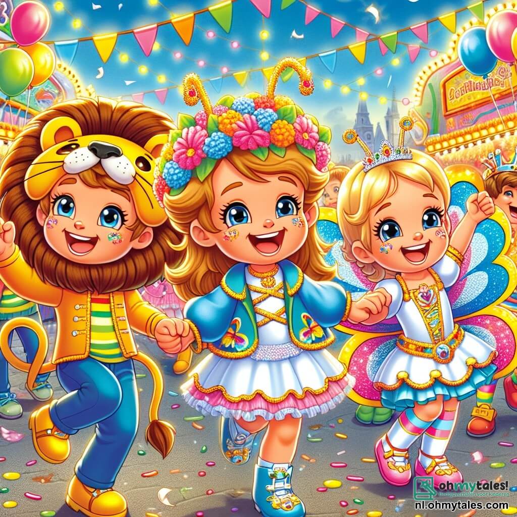 In het midden van de afbeelding staat Sam, een jongen van 8 jaar, verkleed als een schattige leeuw met een grote gouden manen en een stralende glimlach. Rechts van hem staat Lisa, een meisje van 7 jaar, in een prachtige vlinderkostuum met kleurrijke vleugels, bloemmotieven en glinsterende antennes. Links van Sam staat Tom, een jongen van 9 jaar, in een glanzend ridderharnas en een helm, enthousiast met een plastic zwaard. De achtergrond toont een levendige straat van een carnaval, vol felle kleuren: ballonnen hangen in de lucht, confetti valt als sterren en kleurrijke snoepstands zijn zichtbaar. Kinderen lachen en dansen om hen heen, wat een vrolijke en feestelijke sfeer creëert. De belangrijkste situatie toont de drie vrienden die samen dansen, hun gezichten stralend van geluk terwijl ze elkaars handen vasthouden en in het rond draaien, omringd door de magie van het carnaval. Muzikanten spelen opzwepende muziek en schitterende lichten verlichten het tafereel, wat bijdraagt aan de feestelijke sfeer.