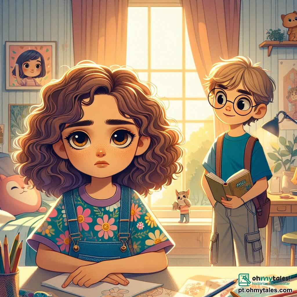 Uma menina de 10 anos, Sofia, com cabelos castanhos e cacheados, grandes olhos expressivos, está no centro da imagem. Ela tem uma expressão melancólica, com as sobrancelhas ligeiramente franzidas, e olha pela janela, perdida em seus pensamentos. Sofia usa uma camiseta colorida com estampas de flores e um short jeans. À sua direita, seu melhor amigo Lucas, um garoto de 10 anos com cabelos loiros e óculos redondos, sorri para ela com encorajamento. Ele veste uma camiseta azul e calças cargo, segurando um livro nas mãos, pronto para ler uma história e distraí-la. O ambiente é um quarto acolhedor, decorado com pôsteres de desenhos animados e bichos de pelúcia. A luz suave do sol entra pelas cortinas, criando uma atmosfera reconfortante. A situação principal mostra Sofia olhando pela janela, seu rosto cheio de tristeza, enquanto Lucas, ao seu lado, tenta confortá-la com um sorriso amigável e um livro na mão, simbolizando sua amizade e apoio mútuo em momentos difíceis.