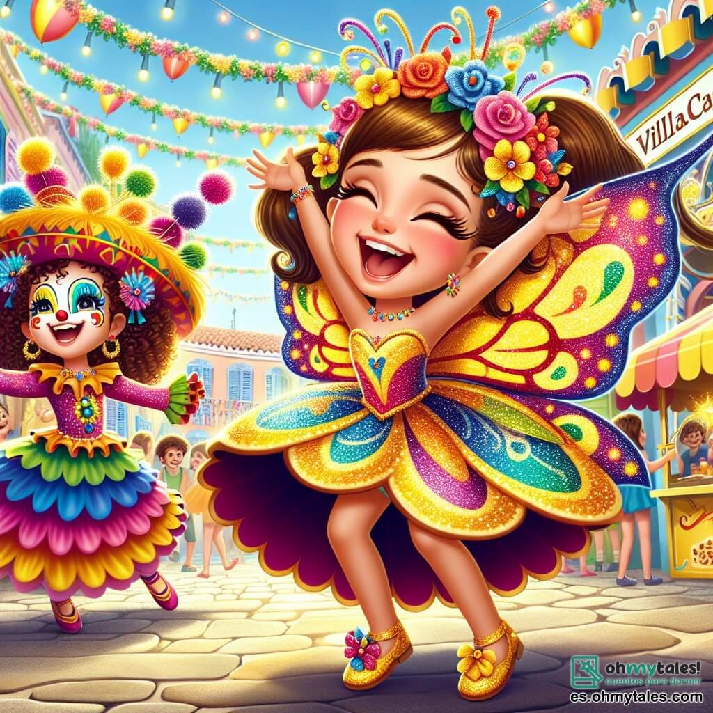Una niña de 11 años, Valentina, se encuentra en el centro del escenario, radiante de alegría con una gran sonrisa. Lleva un hermoso disfraz de mariposa de colores brillantes, con alas brillantes que resplandecen bajo el sol. Sus cabellos castaños están recogidos en dos coletas, adornadas con flores coloridas. Valentina baila con entusiasmo, con los brazos levantados hacia el cielo, expresando una profunda emoción de felicidad y emoción. A su lado, su mejor amiga Sofía, también de 11 años, está disfrazada de payasa. Tiene el cabello rizado y lleva un sombrero colorido, con la cara pintada de blanco y una gran nariz roja. Sofía ríe a carcajadas, sosteniendo pompones coloridos, y está un poco detrás, animando a Valentina a bailar. El escenario se desarrolla en la animada plaza del pueblo de Villacarnaval, donde guirnaldas de flores y globos multicolores flotan en el aire. Se ven puestos de comida con churros dorados y golosinas al fondo, mientras niños juegan y bailan a su alrededor, creando una atmósfera festiva y alegre. La situación principal muestra a Valentina y Sofía celebrando el carnaval, rodeadas de risas y música, mientras descubren la magia de la amistad y la fiesta, listas para compartir su alegría con todos los habitantes del pueblo.